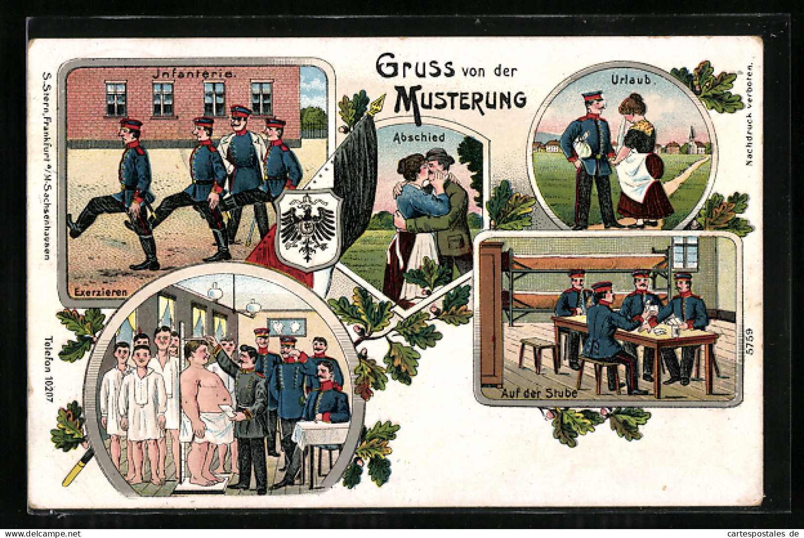 Lithographie Gruss Von Der Musterung, Abschied, Kartenspielen Auf Der Stube, Urlaub Daheim, Exerzieren Im Kasernenhof  - War 1914-18