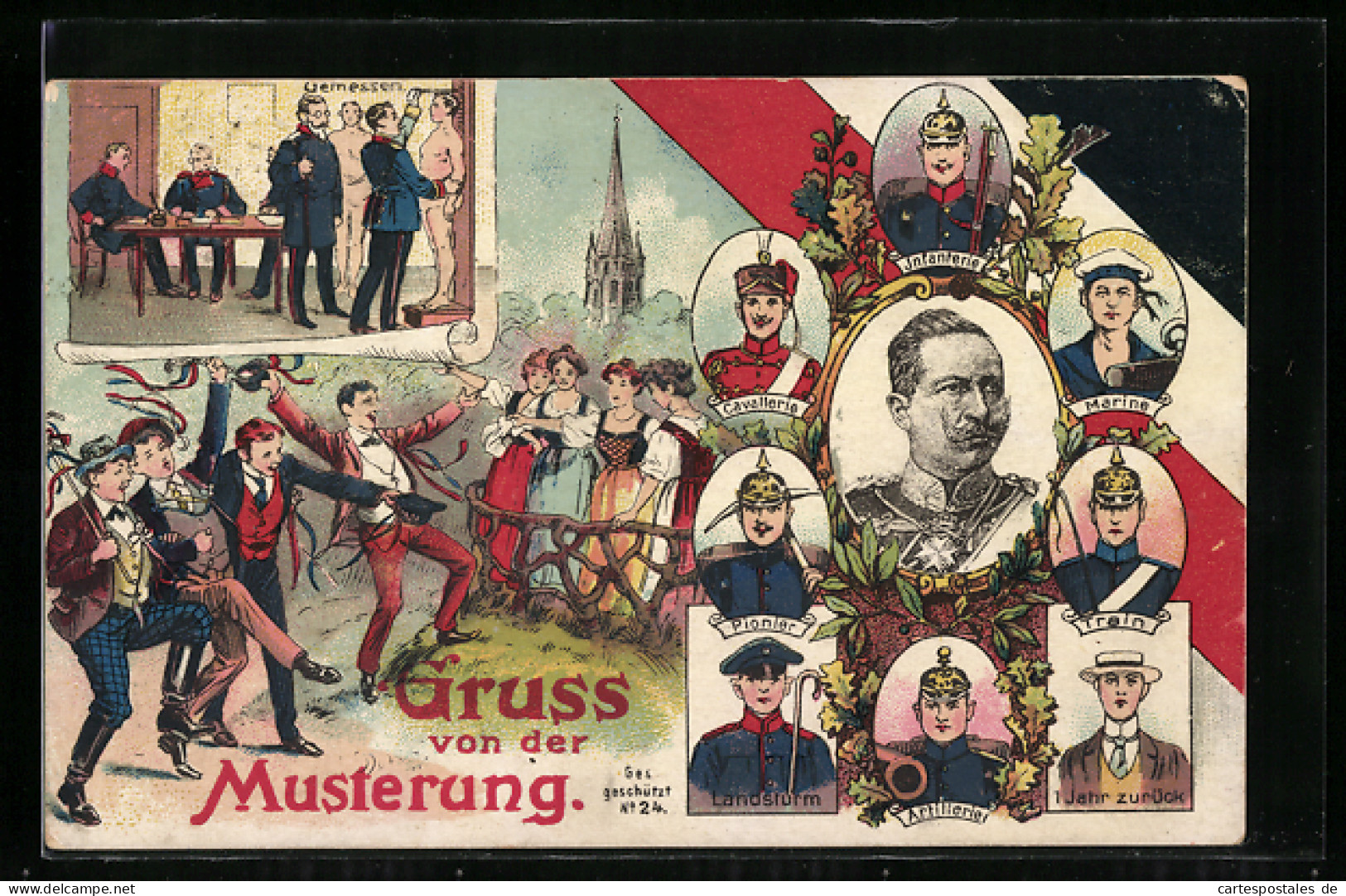AK Gruss Von Der Musterung, Gemessen, Portraits Mit Uniformen, Infanterie, Train, Landsturm  - War 1914-18