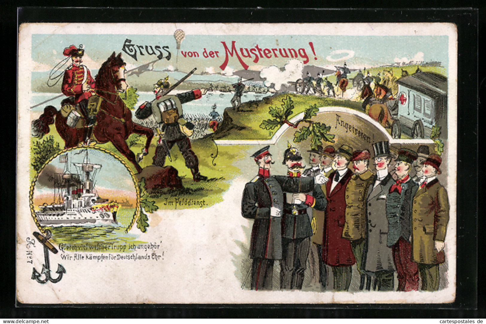 Lithographie Gruss Von Der Musterung!, Felddienst, Kriegsschiff, Ambulanz  - Guerre 1914-18