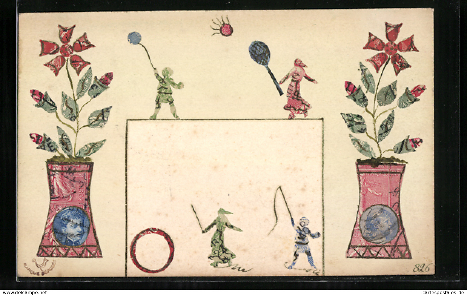 AK Briefmarkencollage, Zwei Blühende Pflanzen In Vasen Und Vier Kinder Mit Verschiedenem Spielzeug  - Timbres (représentations)