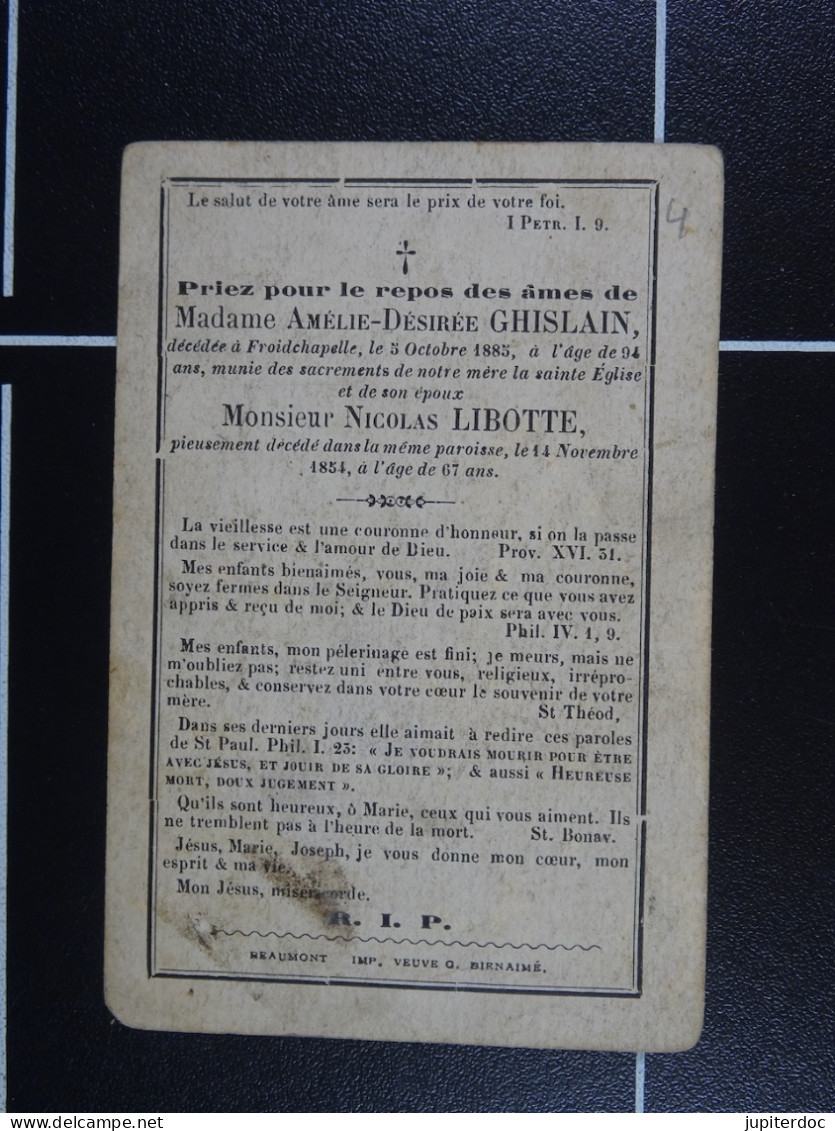 Amélie Ghislain Froidchapelle 1885 à 94 Ans Et Son époux Libotte 1854 à 67 Ans  /4/ - Devotion Images