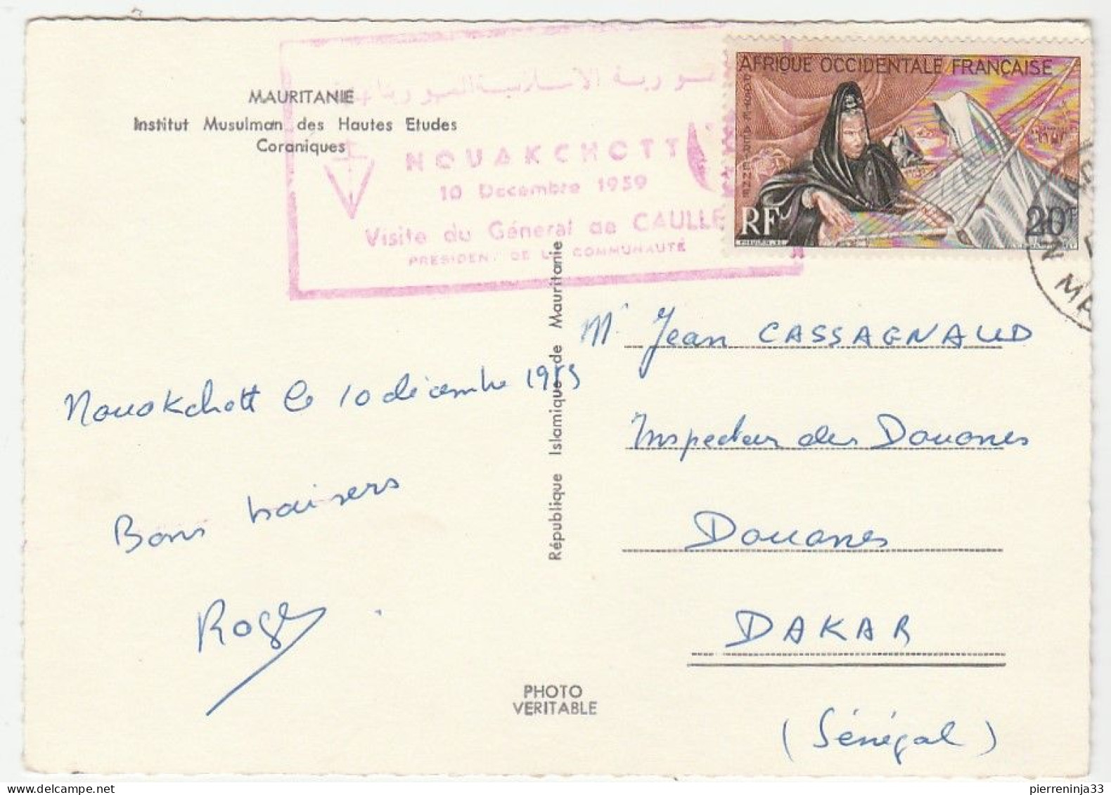Carte A.O.F., Visite Du Général De Gaulle à Nouakchott, 1959 - Lettres & Documents