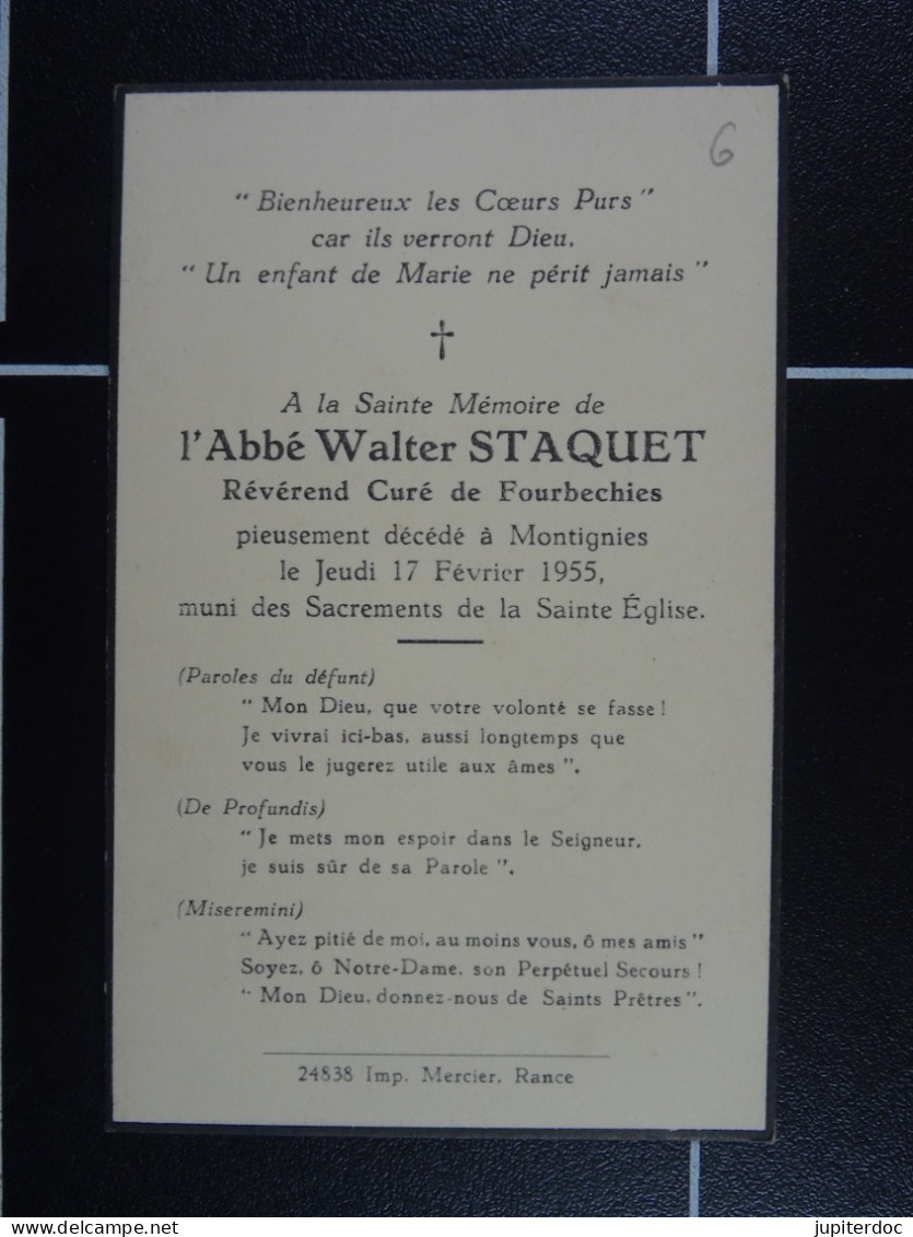 Abbé Walter Staquet Curé De Fourbechies Montignies 1955  /6/ - Images Religieuses