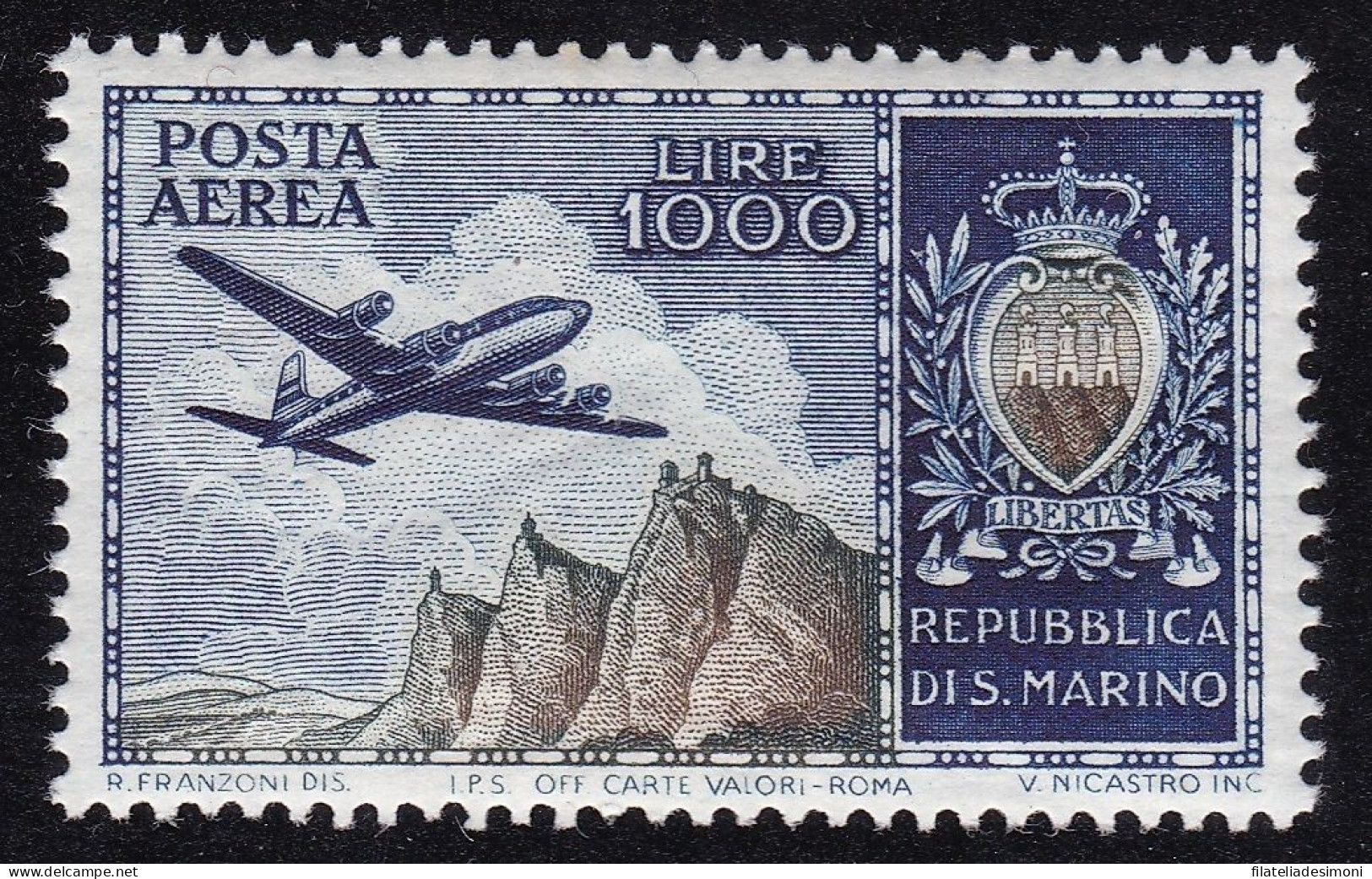 1954 San Marino, Posta Aerea N. 112, 1000 Lire Azzuro E Viola - MNH** - Poste Aérienne