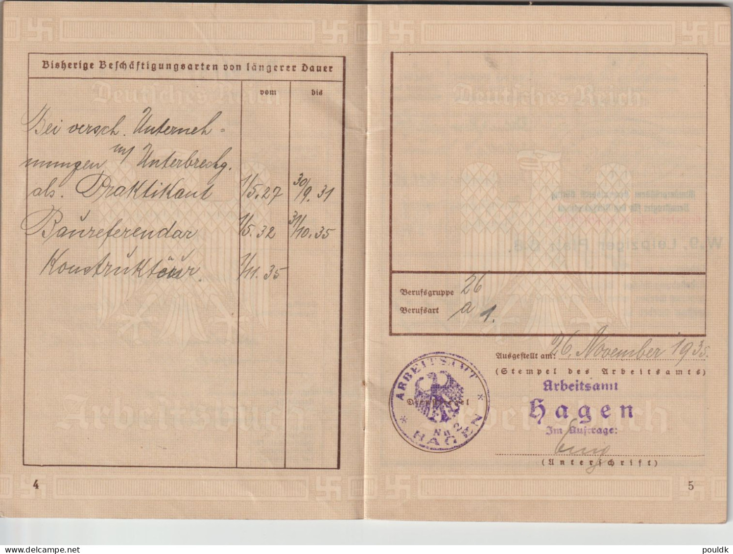 Deutsches Reich Arbeitsbuch From Hagen 1935 - Last Entry 1940. Postal Weight Approx. 0,09 Kg. Please Read Sales Conditio - Historische Dokumente
