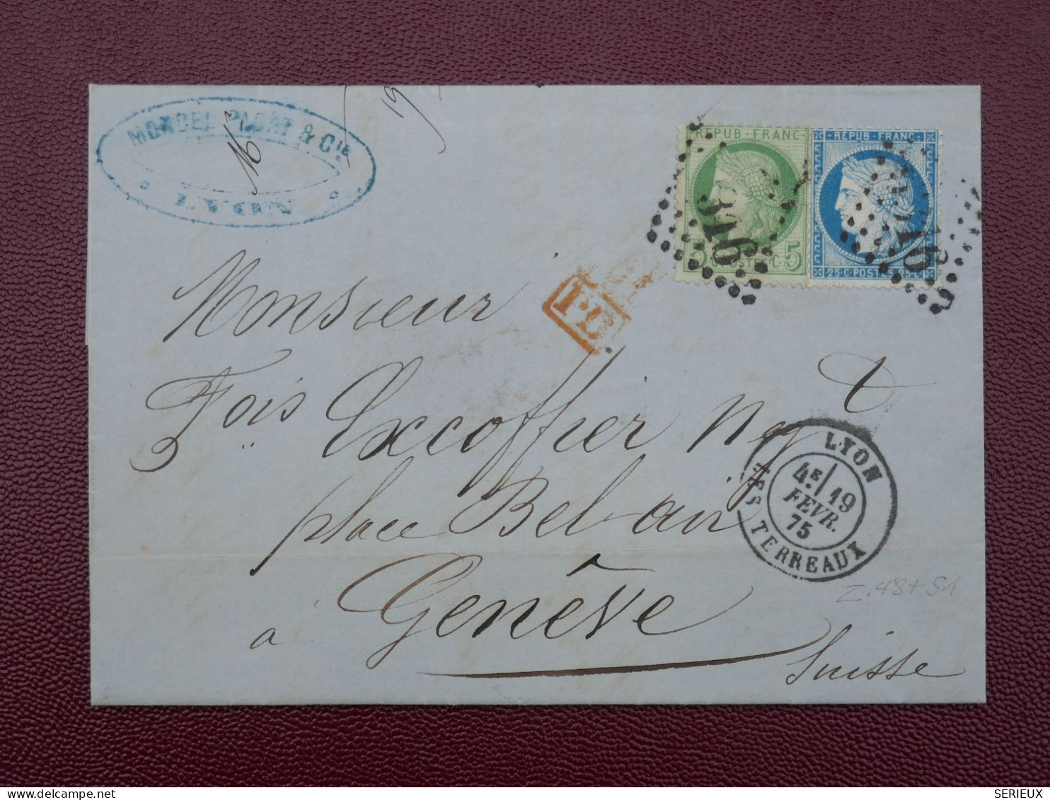 FRANCE   BELLE  LETTRE RR  1875  LYON A GENEVE SUISSE  +AFF. INTERESSANT+DP5 - 1849-1876: Période Classique