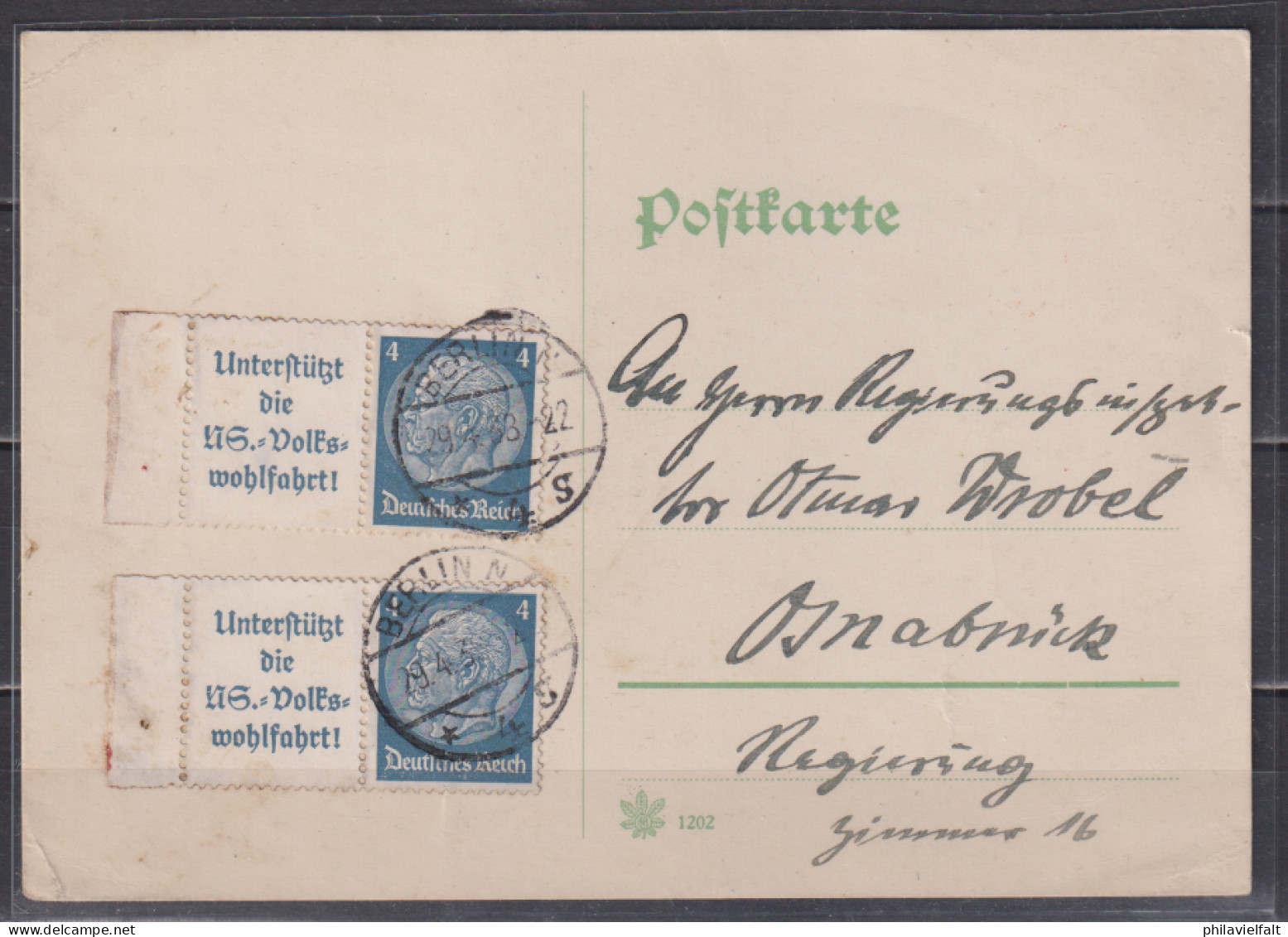 Dt.Reich Mehrfachfrankatur Zusammendruck W 68 Auf Bedarfskarte Berlin/29.4.43 Nach Osnabrück - Lettres & Documents