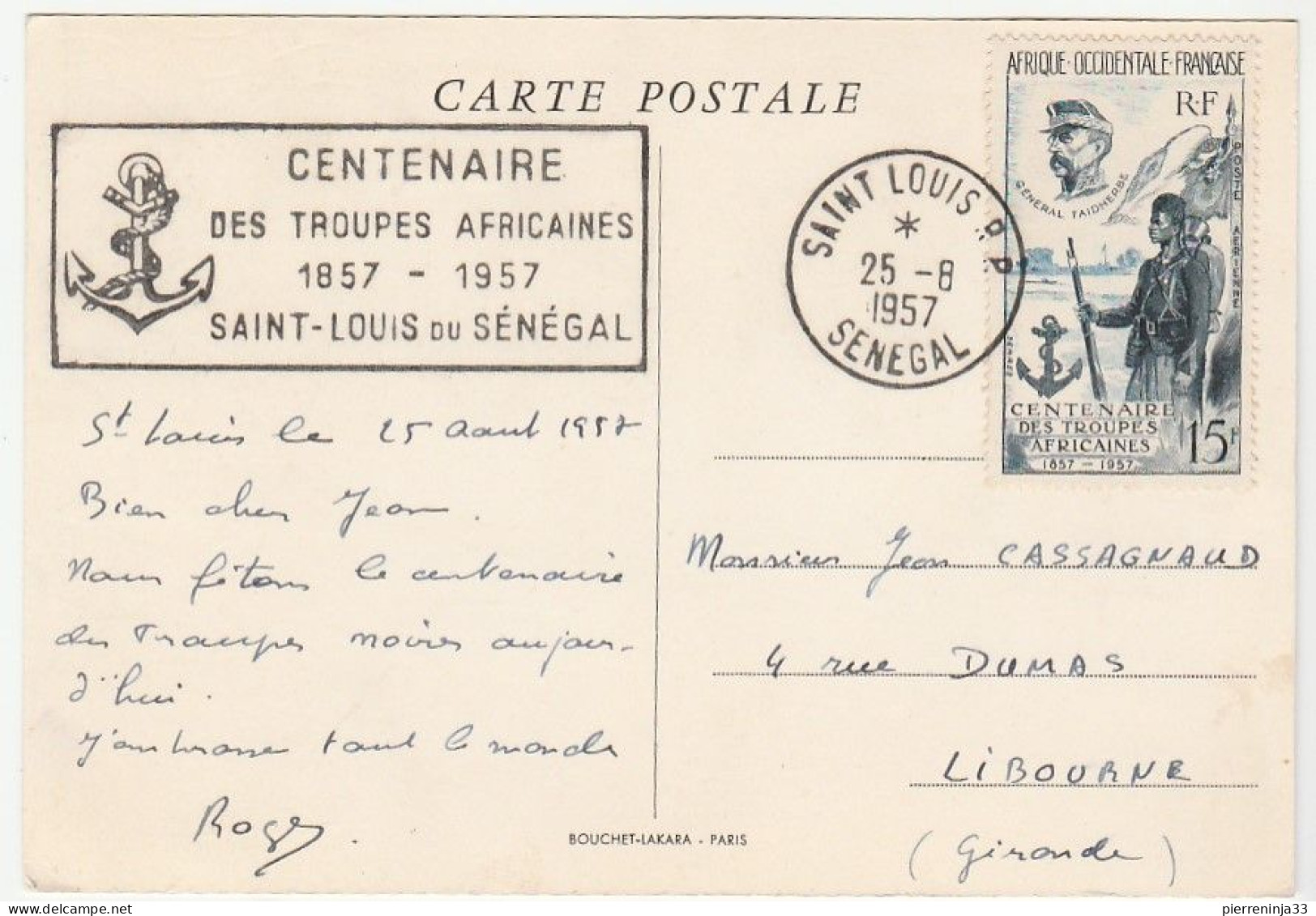 Carte AOF Centenaire Des Troupes Africaines, Sénégal/St Louis, 1957 - Briefe U. Dokumente