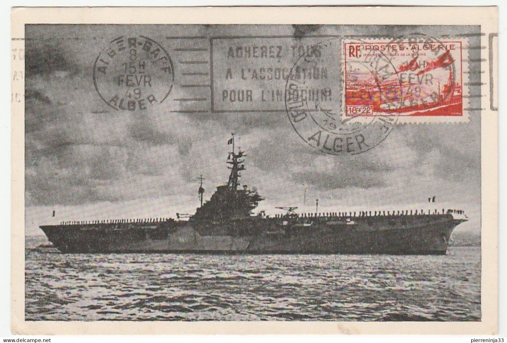 Carte Porte-Avions Arromanches Avec Cachet "Oeuvres Sociales De La Marine", 1949, Alger-Gare - Lettres & Documents