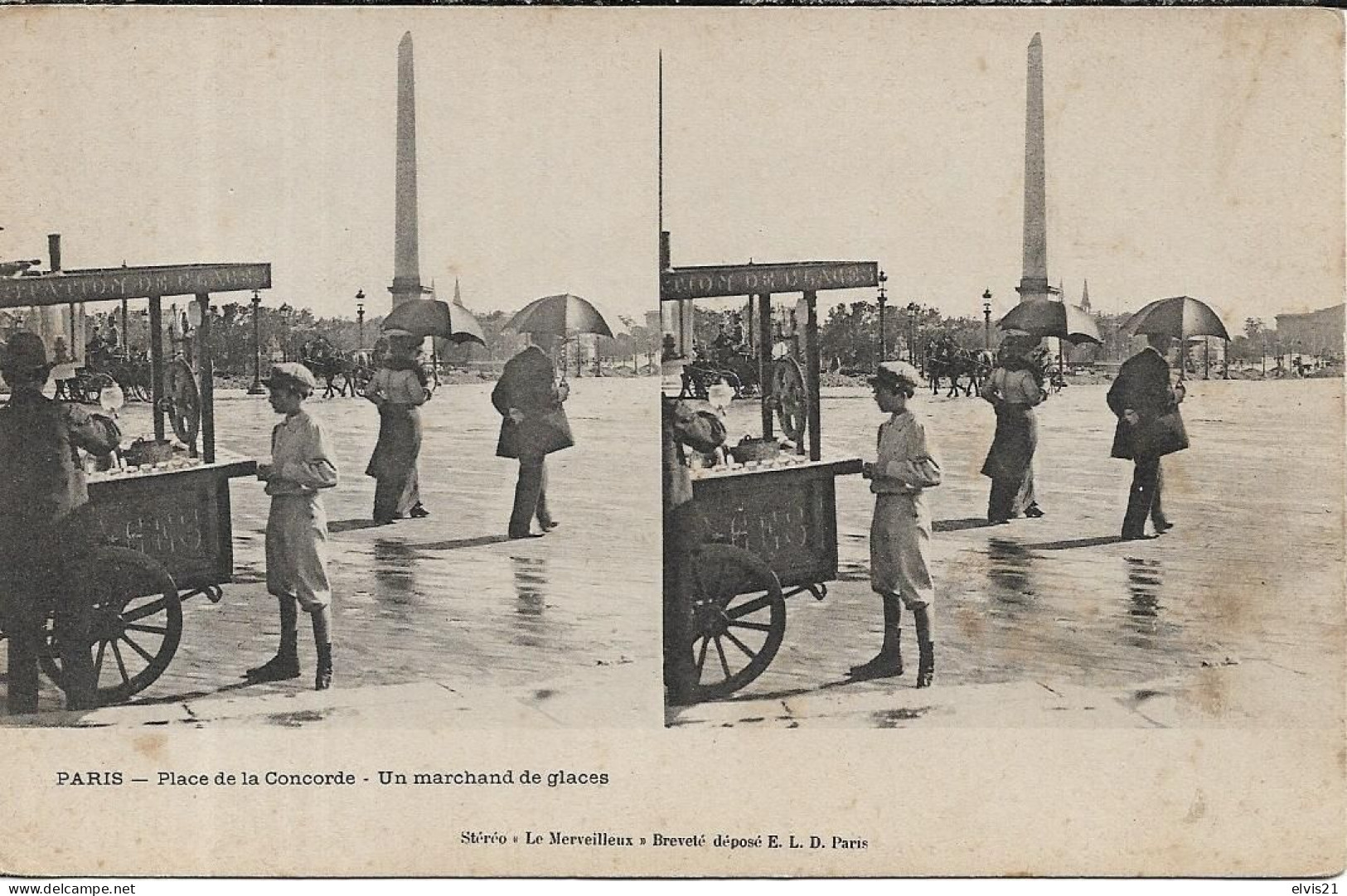 Carte Stéréoscopique PARIS Place De La Concorde. Un Marchand De Glaces - Stereoscope Cards