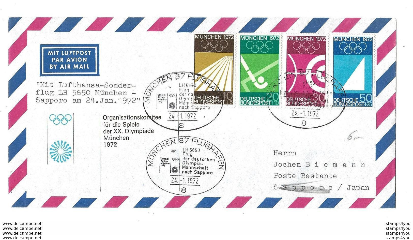 G 37 - Enveloppe Allemande Timbres JO München 1972 - Vol Olympique Vers Sapporo 1972 - Winter 1972: Sapporo