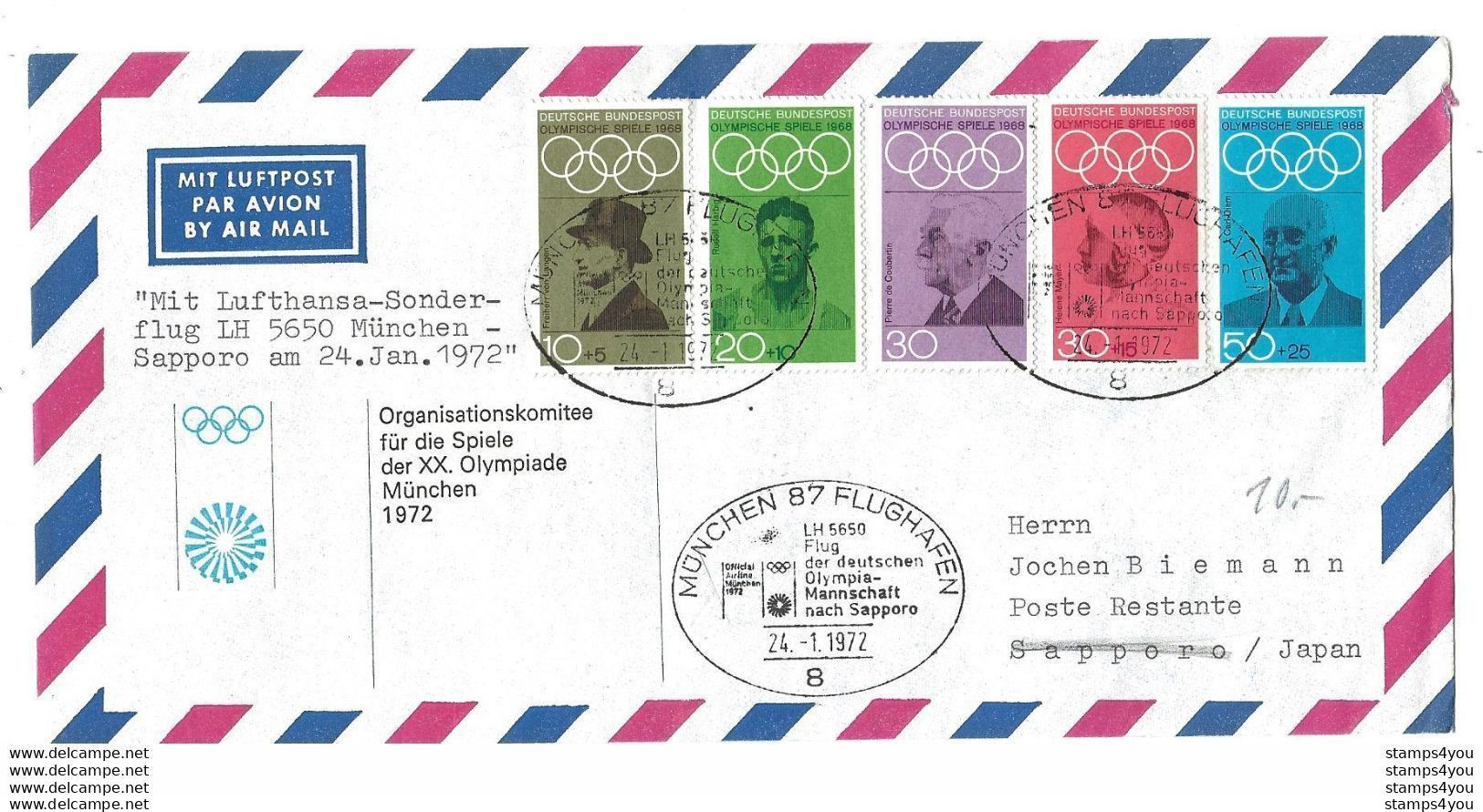 G 35 - Enveloppe Allemande Timbres JO München 1972 - Vol Olympique Vers Sapporo 1972 - Hiver 1972: Sapporo