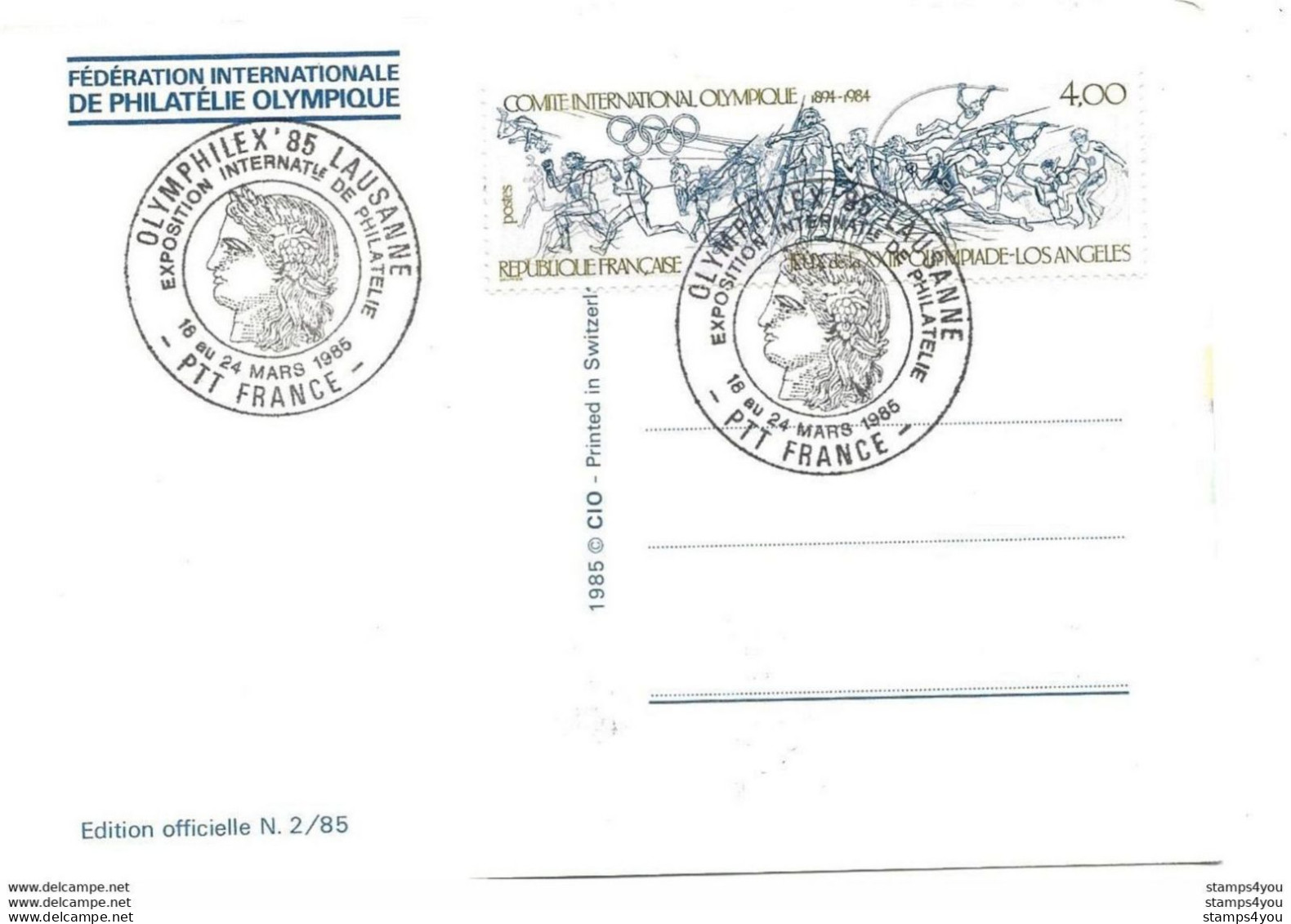 213 - 87 - Carte Avec Affranchissement Franco-Suisse - Oblit Spéciale Olymphilex 85 Lausanne - Autres & Non Classés