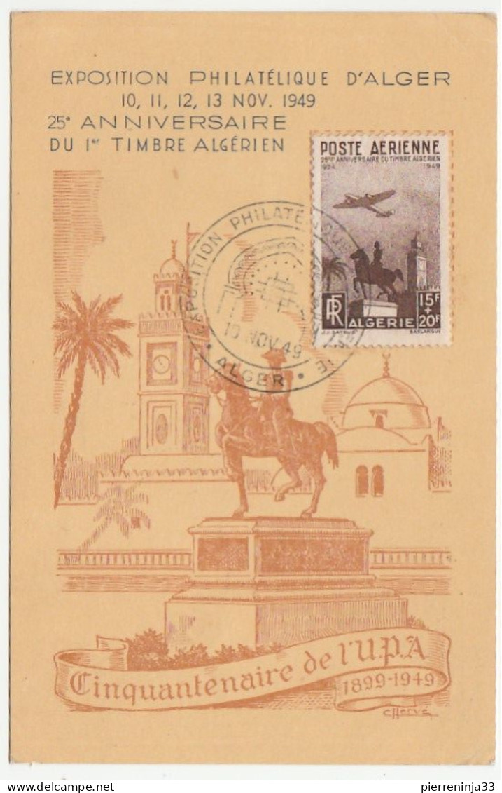 Carte Illustrée Exposition Philatélique D'Alger, 1949, Timbre Aviation - Covers & Documents