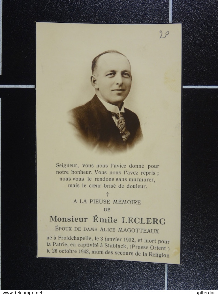 Emile Leclerc épx Magotteaux Froidchapelle 1902 Mort En Captivité à Stablack En 1942  /20/ - Devotion Images