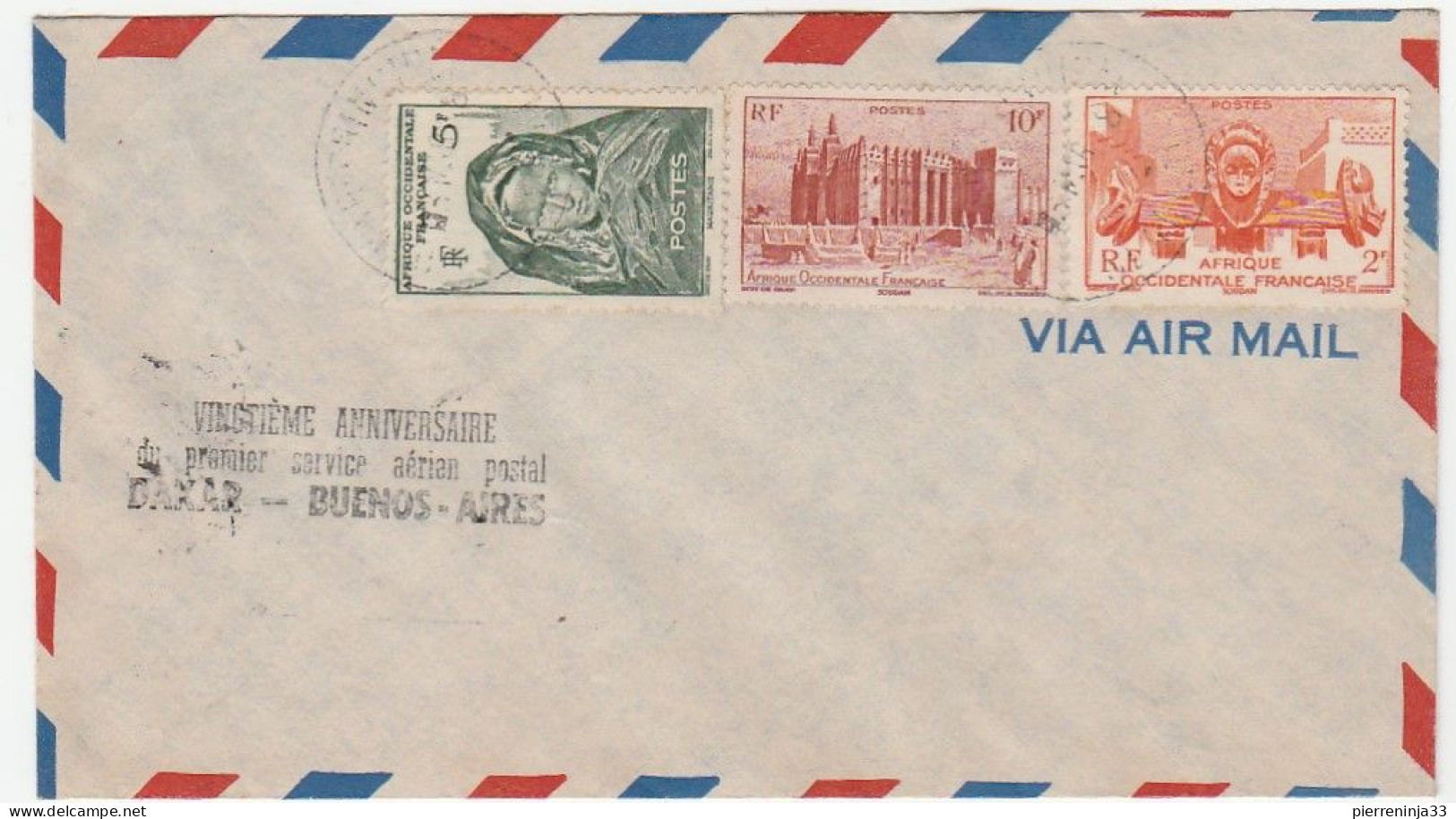 Lettre A.O.F. Avec Cachet "20ème Anniversaire Du Premier Service Aérien Postal Dakar-Buenos Aires" - Briefe U. Dokumente