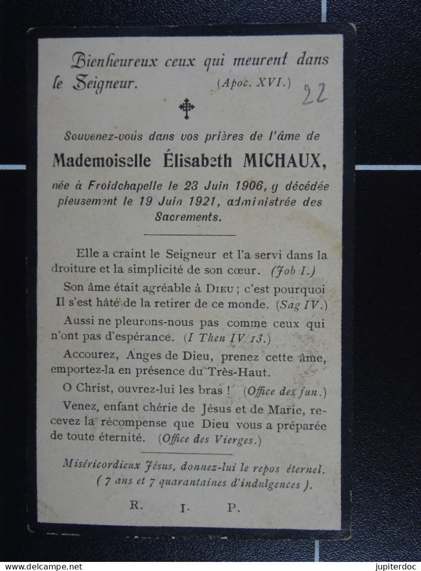Elisabeth Michaux Froidchapelle 1906 1921  /22/ - Devotion Images
