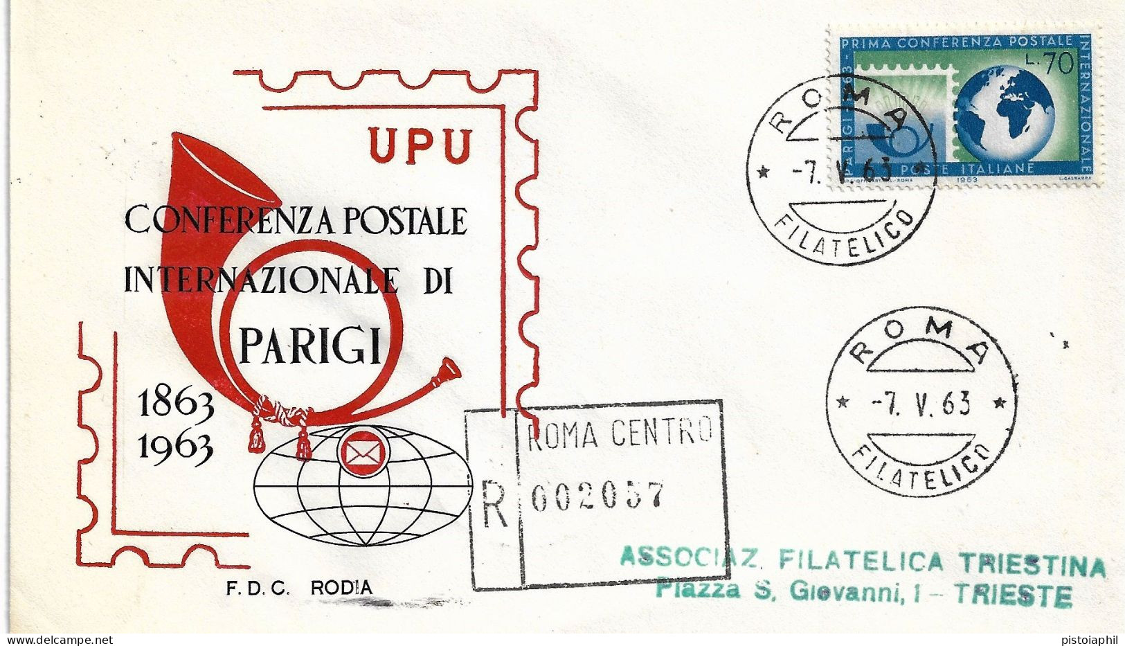 Fdc Rodia: CONFERENZA POSTALE INTERNAZIONALE DI PARIGI (1963); Raccomandata; AF:Roma - FDC