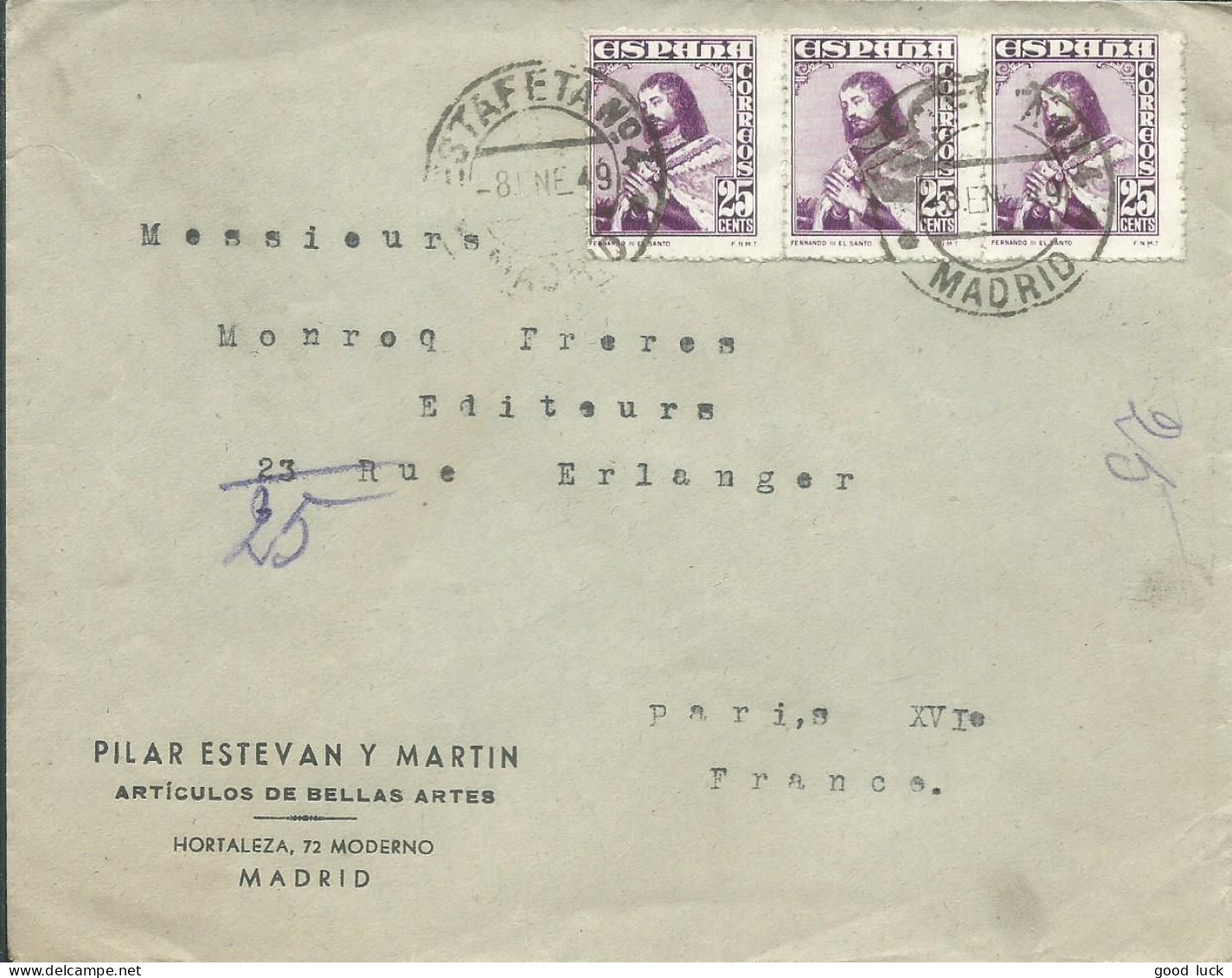 ESPAGNE  LETTRE 75c ESTAFETA / MADRID POUR PARIS DE 1949 LETTRE COVER - Lettres & Documents