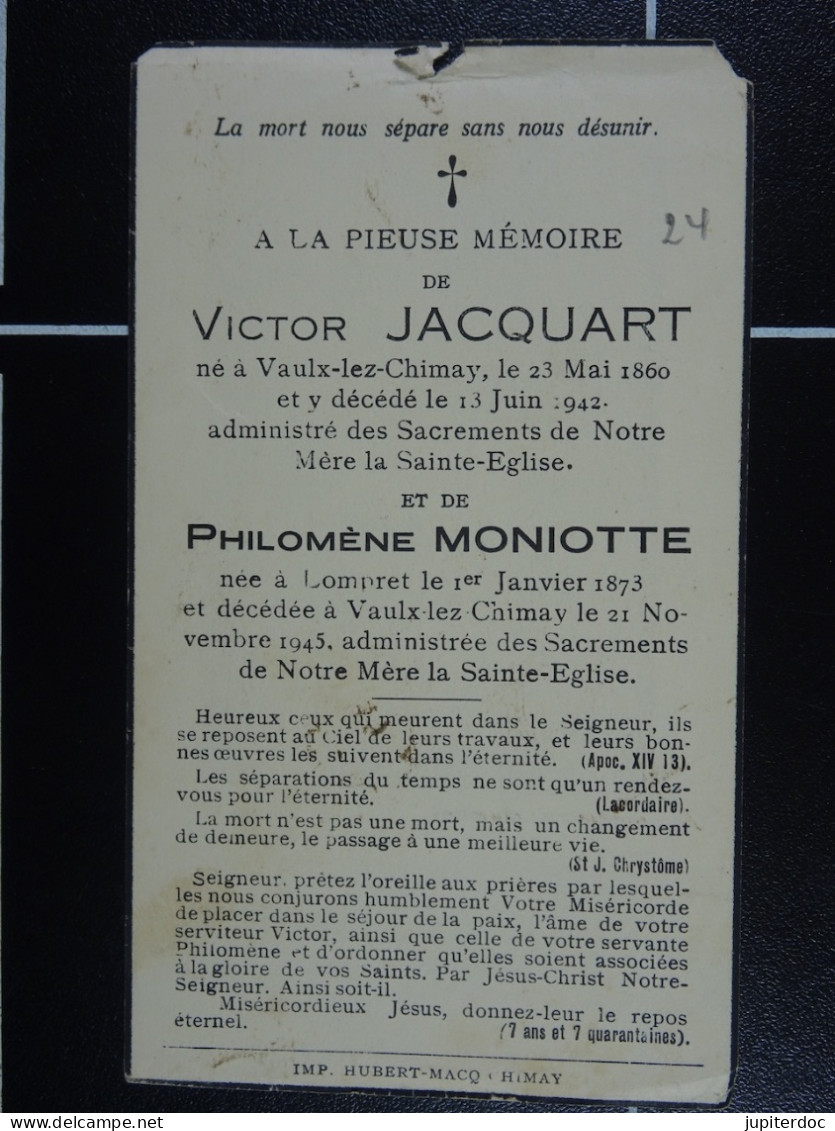 Victor Jacquart Vaulx-lez-Chimay 1860 1942 Et Philomène Moniote Lompret 1873 Vaulx-lez-Chimay 1945  /24/ - Devotion Images