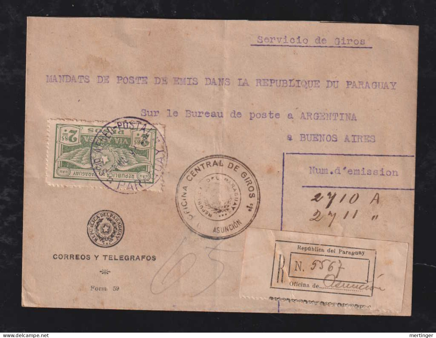 Paraguay 1929 AEROPOSTALE Registered Airmail Cover ACUNSION X BUENOS AIRES Argentina Servicio De Giros - Paraguay