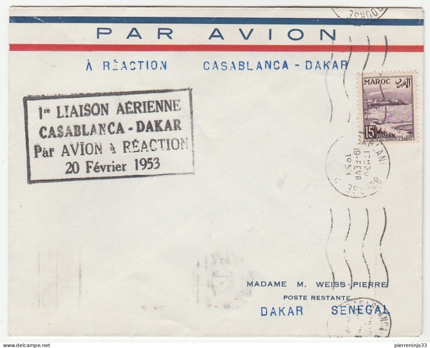 Lettre "1ère Liaison Aérienne Casablanca-Dakar Par Avion à Réaction, 1953" - Poste Aérienne