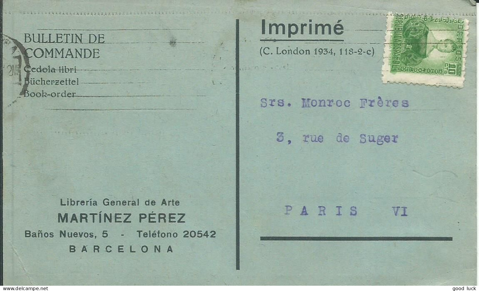 ESPAGNE  CARTE / IMPRIME 10p BARCELONE POUR PARIS DE 1936 LETTRE COVER - Briefe U. Dokumente