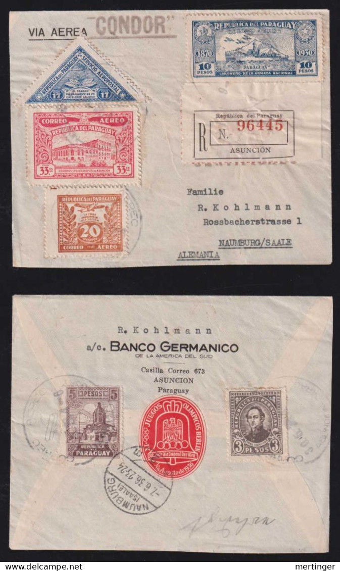 Paraguay 1936 CONDOR Registered Airmail Cover ASUNCION X NAUMBURG Germany Olympia Cinderella Backside - Paraguay