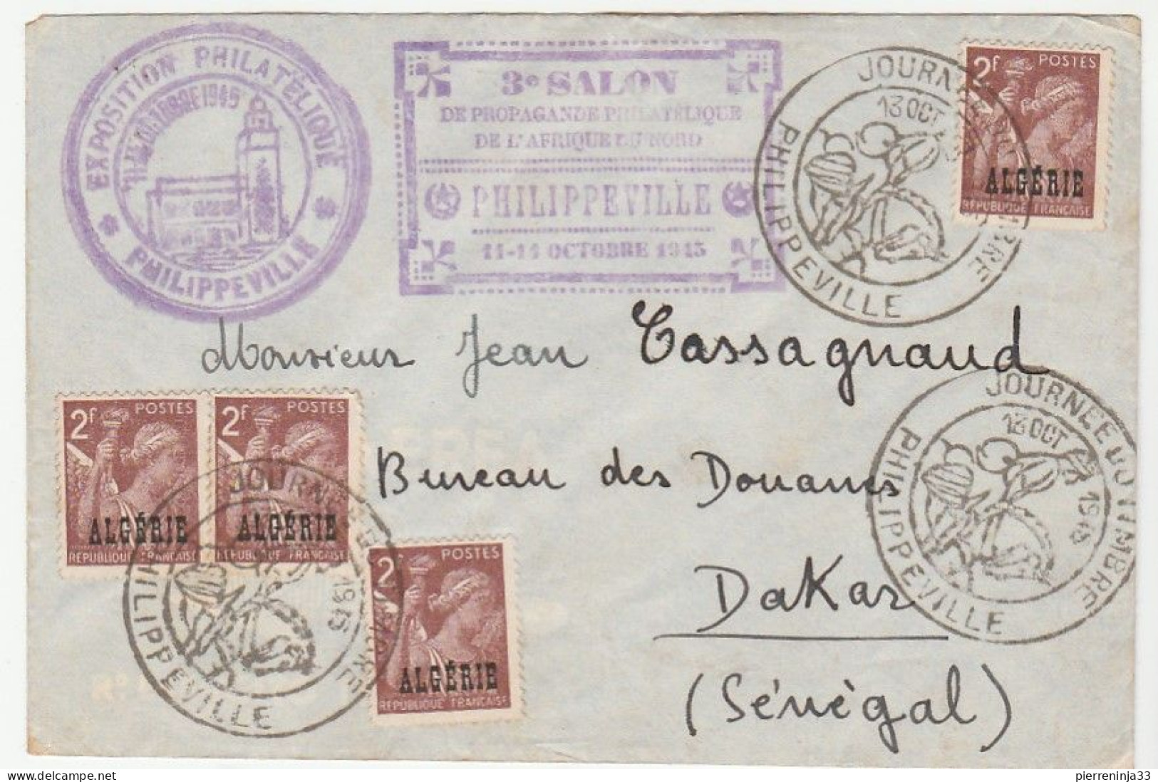 Lettre Avec Cachet "3è Salon De Propagande Philatélique De L'Afrique Du Nord, Philippeville, Algérie, 1945" - Briefe U. Dokumente