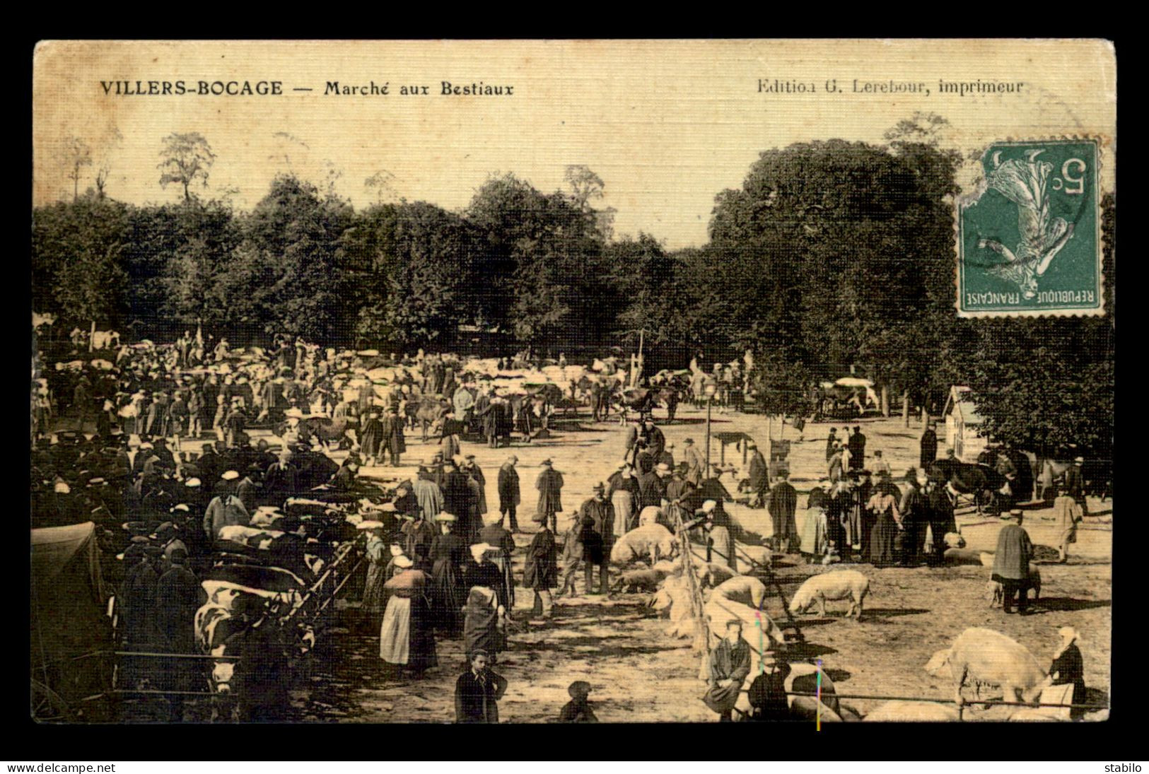 14 - VILLERS-BOCAGE - MARCHE AUX BESTIAUX - CARTE ANCIENNE TOILEE ET COLORISEE - Other & Unclassified