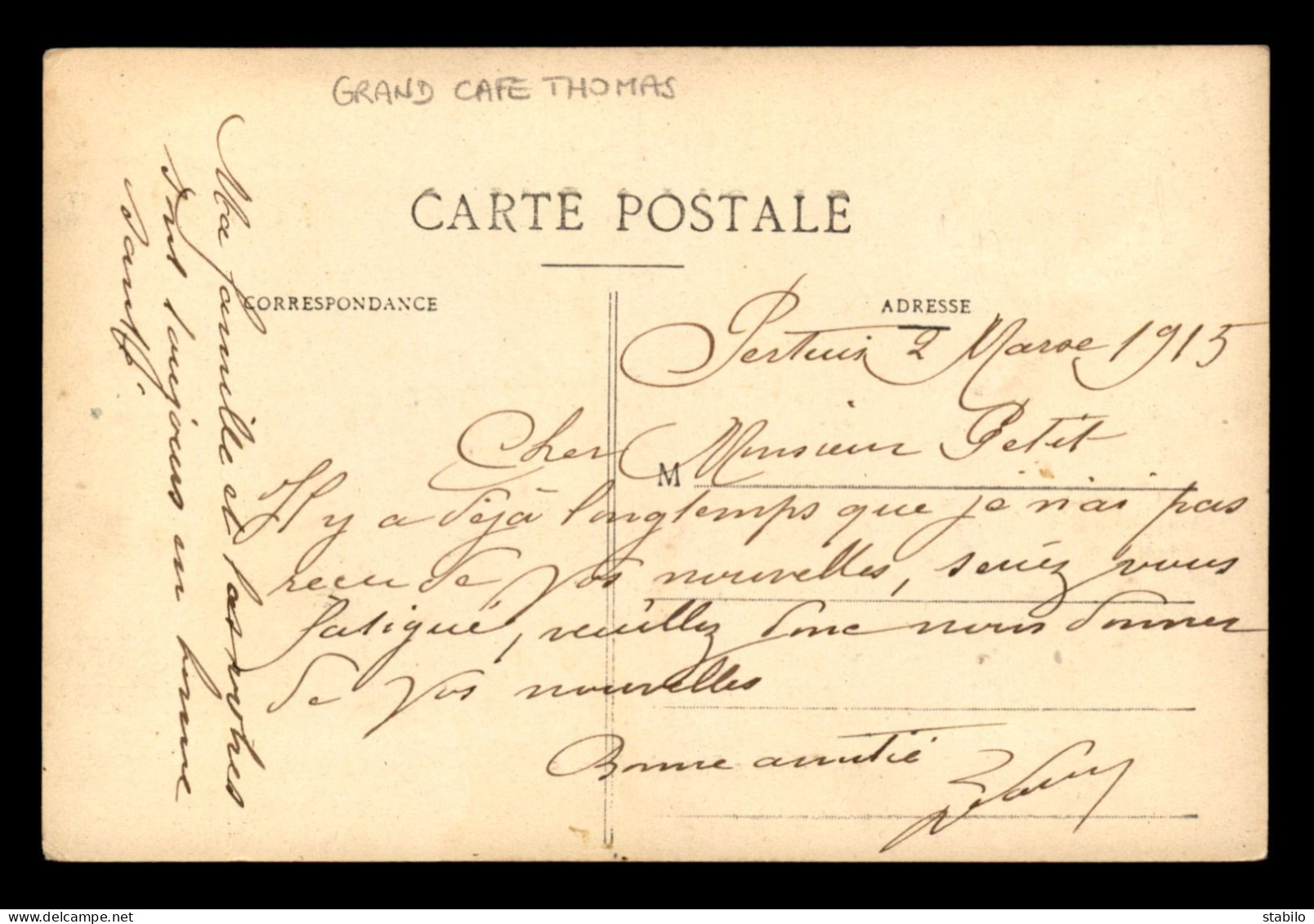 84 - PERTUIS - PLACE DU MARCHE - GRAND CAFE THOMAS - CARTE TOILEE ET COLORISEE - Pertuis