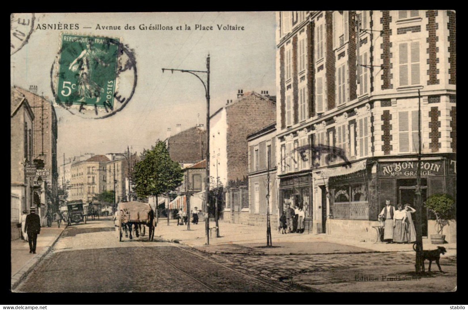 92 - ASNIERES - AVENUE DES GRESILLONS ET PLACE VOLTAIRE - CAFE "AU BON COIN" MAISON GRANGE - CARTE COLORISEE - Asnieres Sur Seine