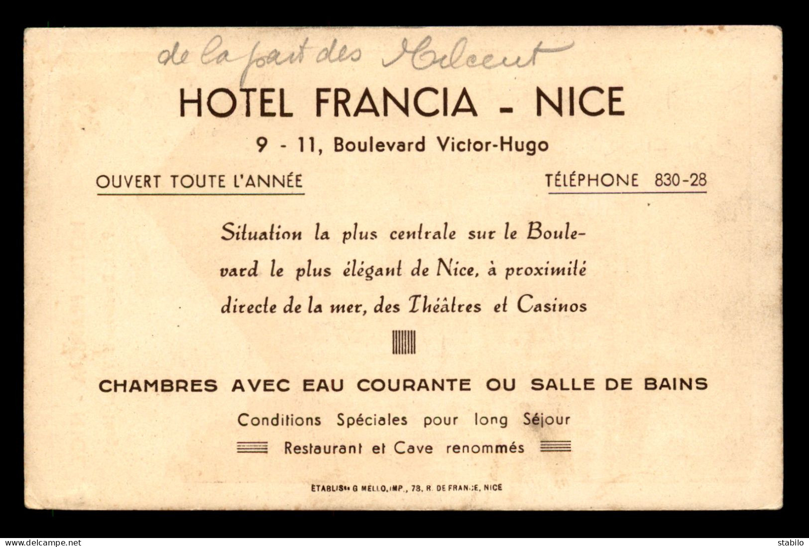 06 - NICE - HOTEL FRANCIA, 9-11 BOULEVARD VICTOR HUGO - Cafés, Hôtels, Restaurants