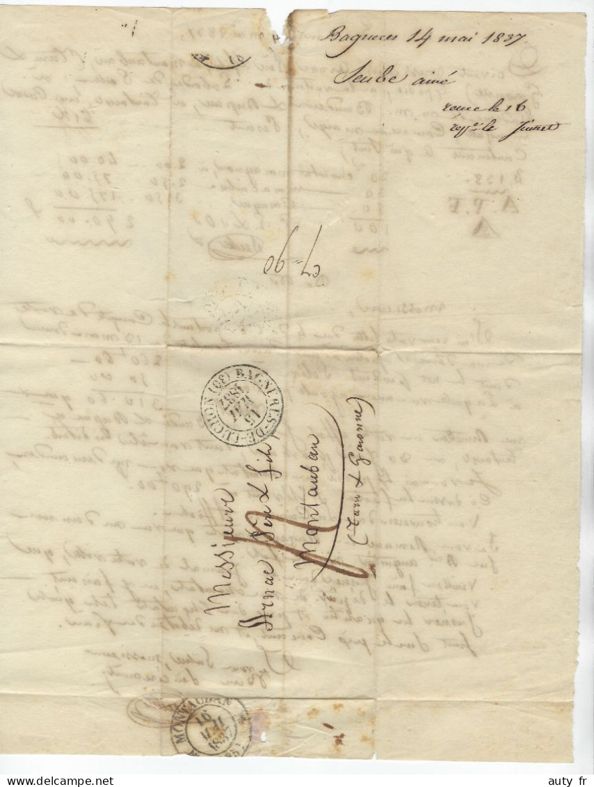 Lettre De BAGNERES DE LUCHON Pour Montauban - CAD Type 13 - 1837 - Texte Citant La Voiture Chargée De L'expédition - 1801-1848: Precursors XIX
