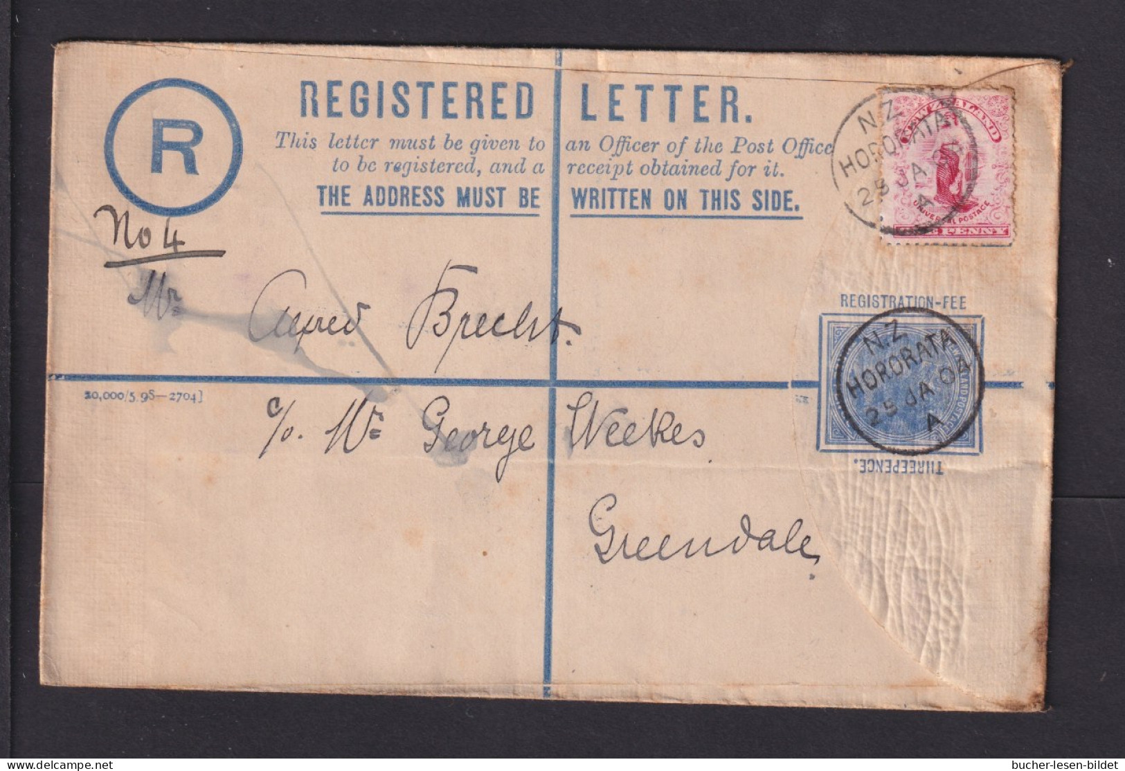 1904 - 3 P. Einschreib-Ganzsache Mit Zufrankatur Ab HORORATA Nach Greendale - Briefe U. Dokumente
