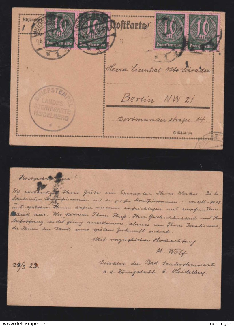 Deutsches Reich 1923 Dienst Postkarte 4x10M HEIDELBERG X BERLIN Landes Sternwarte - Lettres & Documents