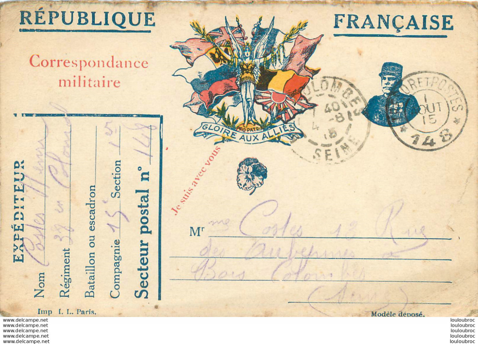 GLOIRE AUX ALLIES JE SUIS AVEC VOUS CORRESPONDANCE MILITAIRE 1915 - Guerre 1914-18