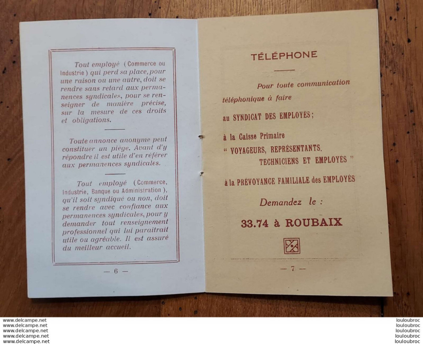 SYNDICAT DES EMPLOYES DE LILLE ROUBAIX TOURCOING ANNEE 1930 AVEC CALENDRIER LIVRET DE 20 PAGES PARFAIT ETAT