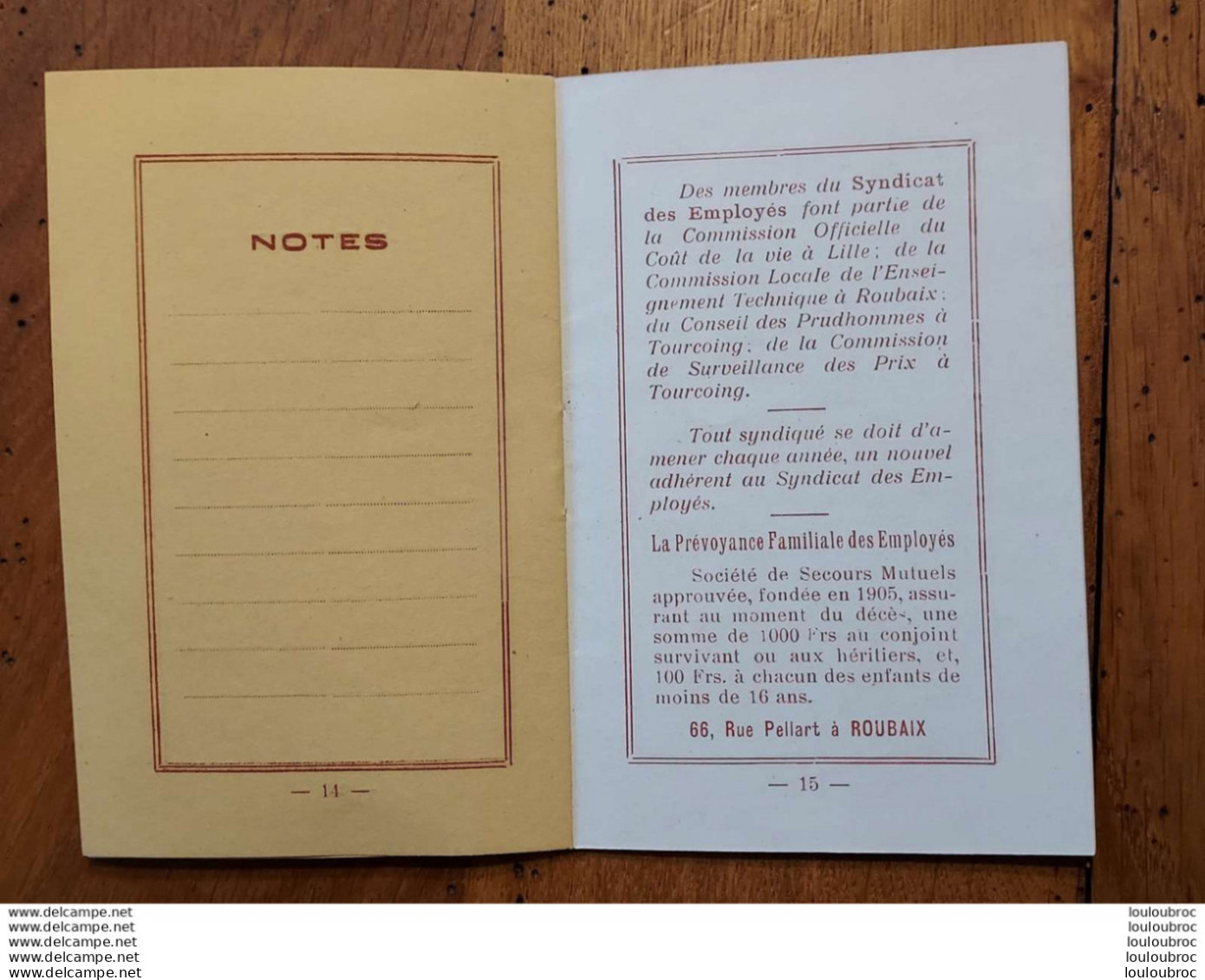 SYNDICAT DES EMPLOYES DE LILLE ROUBAIX TOURCOING ANNEE 1930 AVEC CALENDRIER LIVRET DE 20 PAGES PARFAIT ETAT