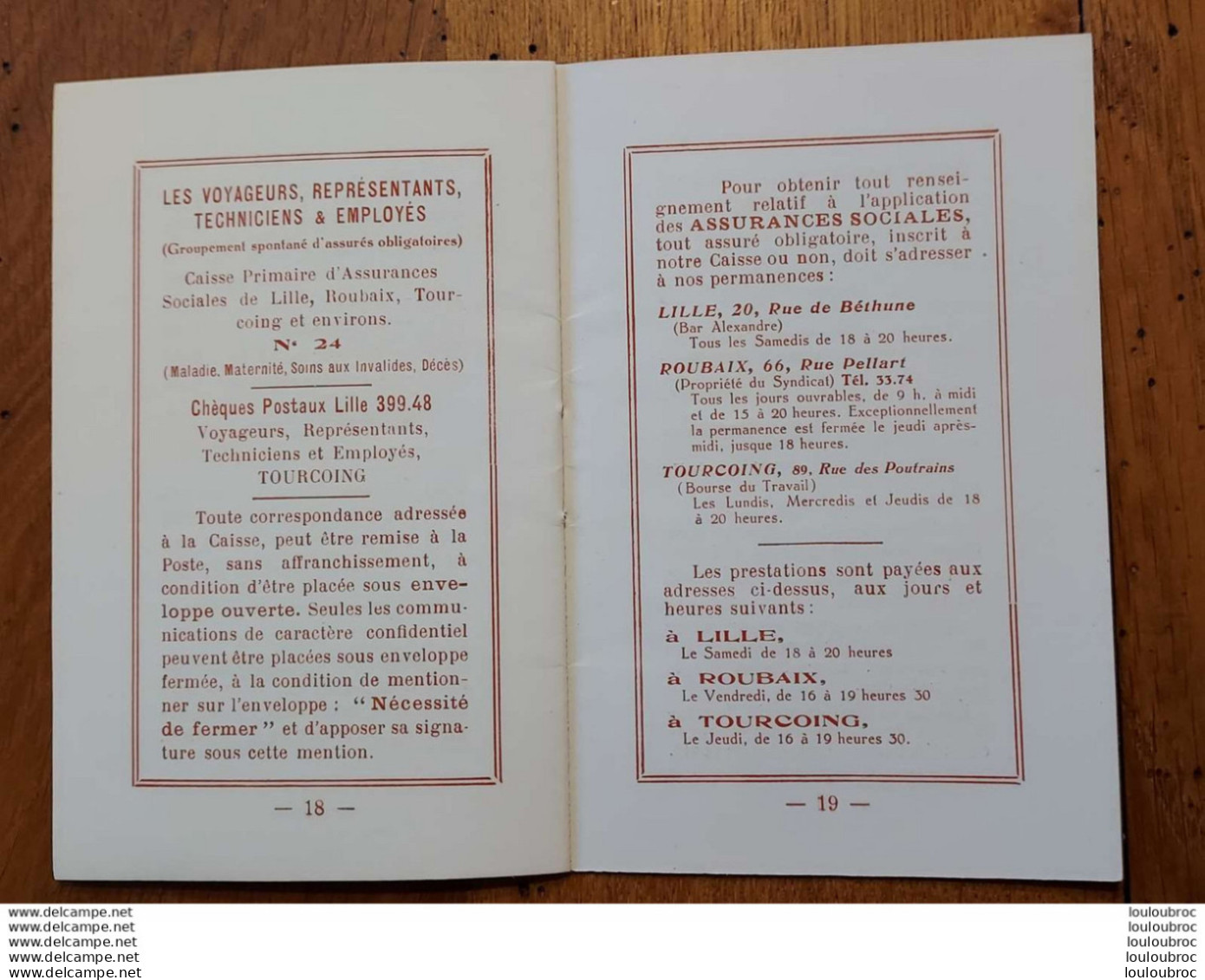 SYNDICAT DES EMPLOYES DE LILLE ROUBAIX TOURCOING ANNEE 1930 AVEC CALENDRIER LIVRET DE 20 PAGES PARFAIT ETAT