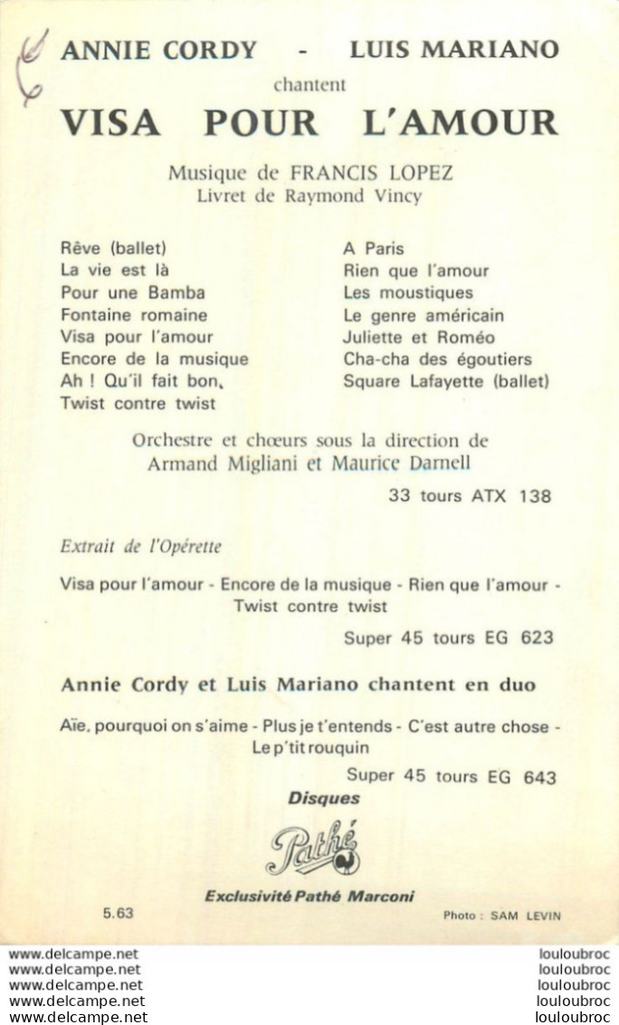 ANNIIE CORDY ET LUIS MARIANO CARTE   AVEC DEDICACE ET AUTOGRAPHE D'ANNIE CORDY FORMAT 15X 10 CM - Dédicacées