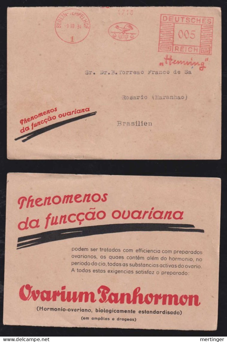 Deutsches Reich 1934 AFS 5Pf Meter Freistempler Werbe Drucksache BERLIN TEMPELHOF X MARANHAO Brasilien - Lettres & Documents