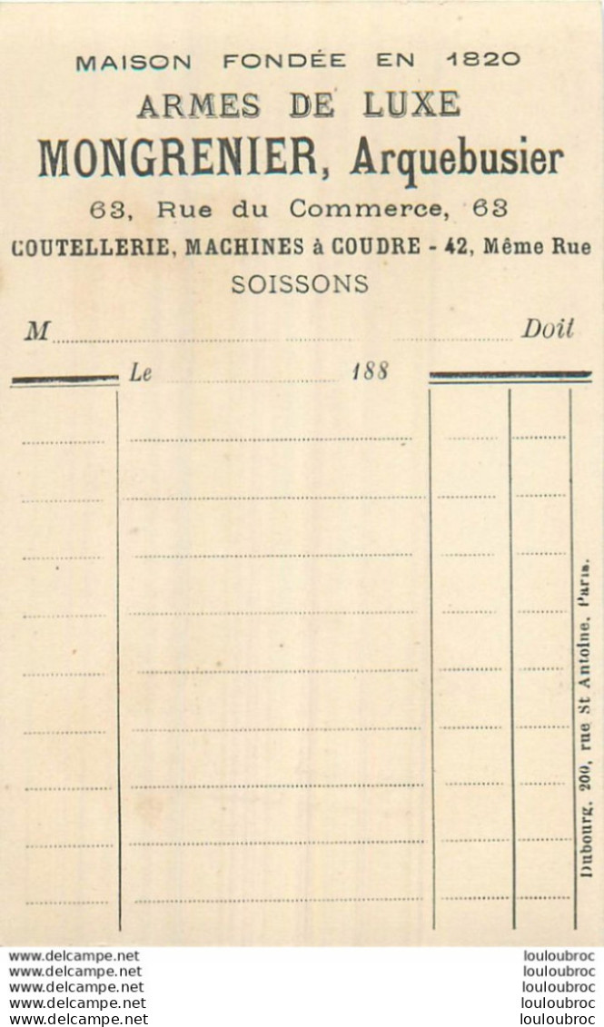 RARE CHROMO MONGRENIER MACHINES A COUDRE ARMURIER A SOISSONS 63 RUE DU COMMERCE R1  AVEC VERSO FACTURETTE   IMP DUBOURG - Andere & Zonder Classificatie