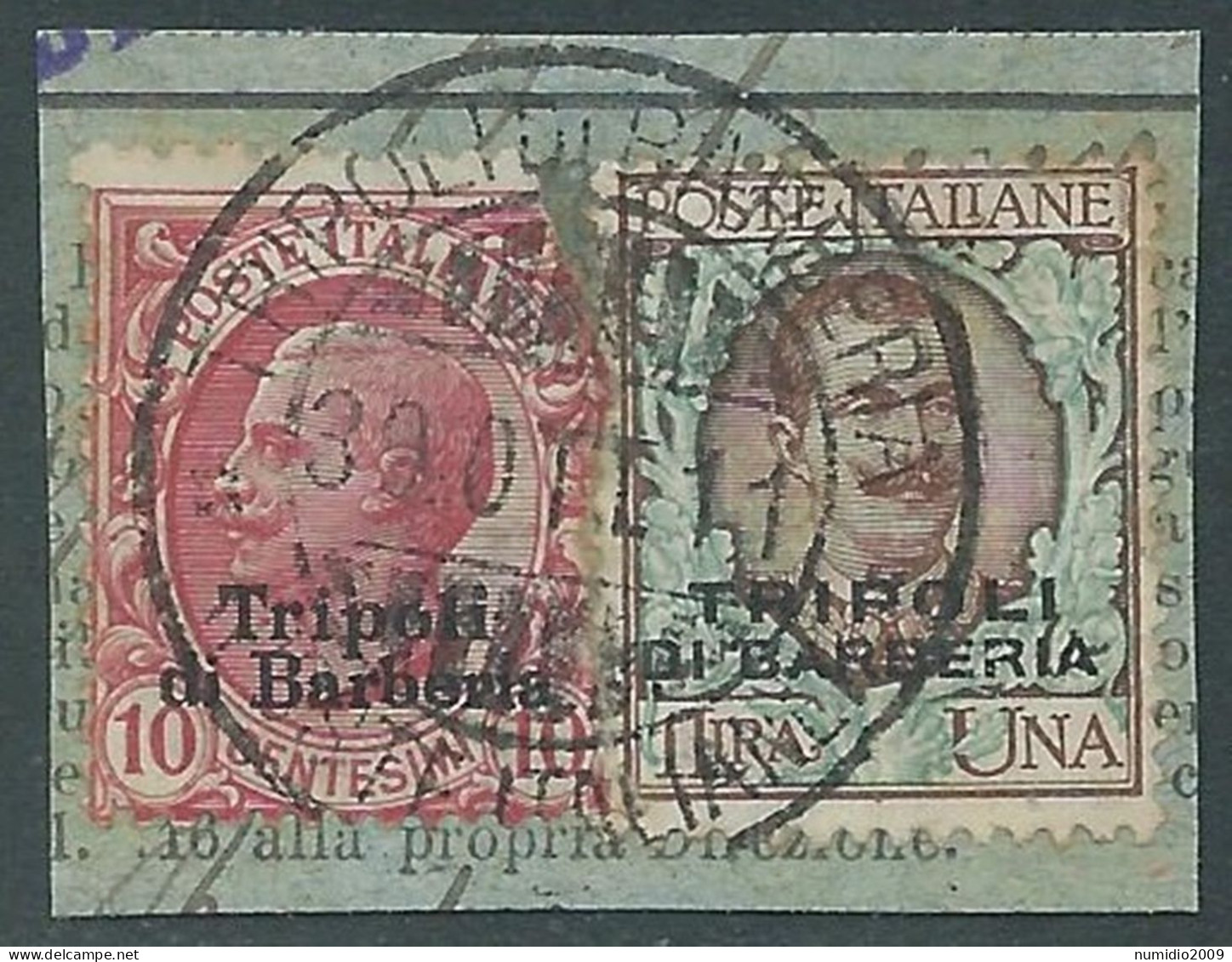 1909 LEVANTE TRIPOLI DI BARBERIA USATO FRAMMENTO EFFIGIE 10 CENT + 1 LIRA RF25-9 - Bureaux D'Europe & D'Asie