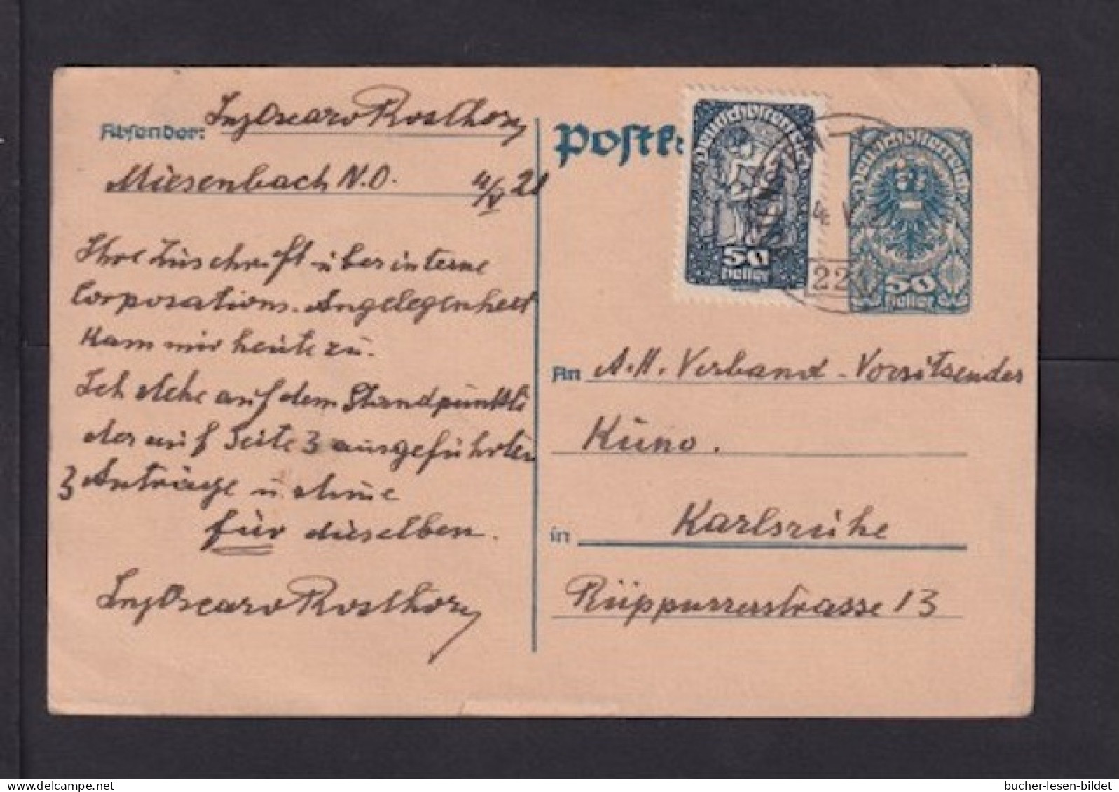1921 - Ganzsache Mit Zufrankatur - Bahnpost Gutenstein-Leoben... - Nach Karlsruhe - Lettres & Documents