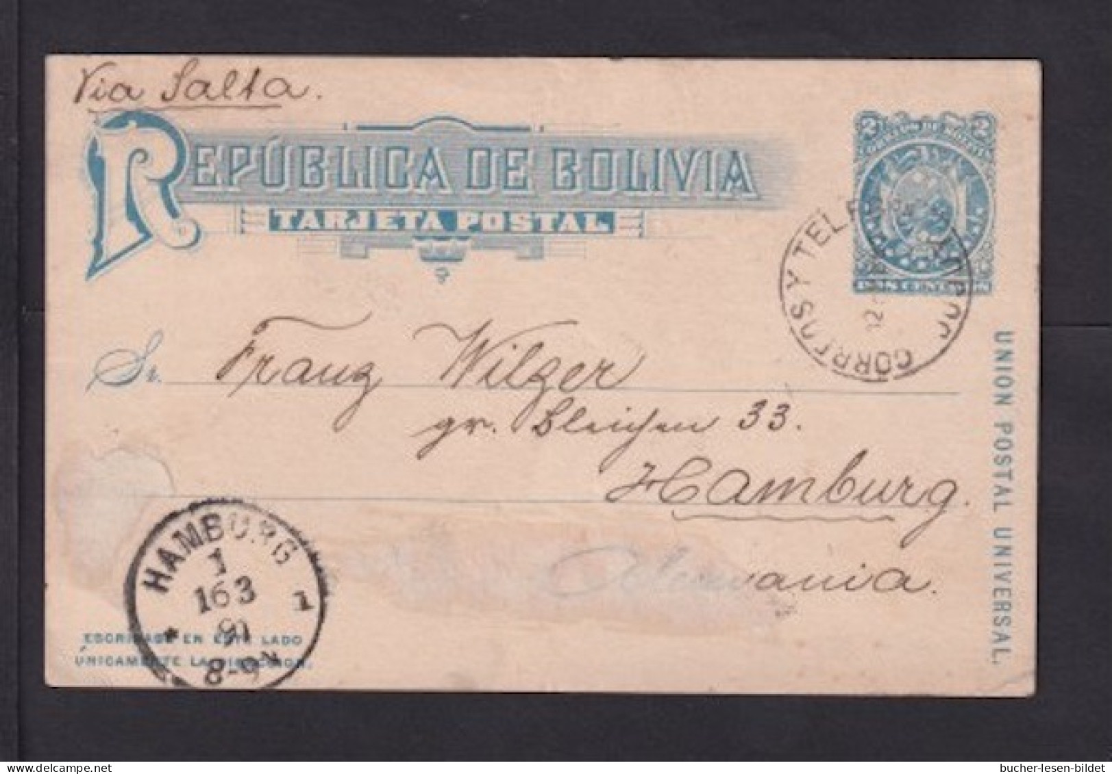 1891 - 2 C. Ganzsache Ab COCHABAMBA Nach Hamburg - Bolivie