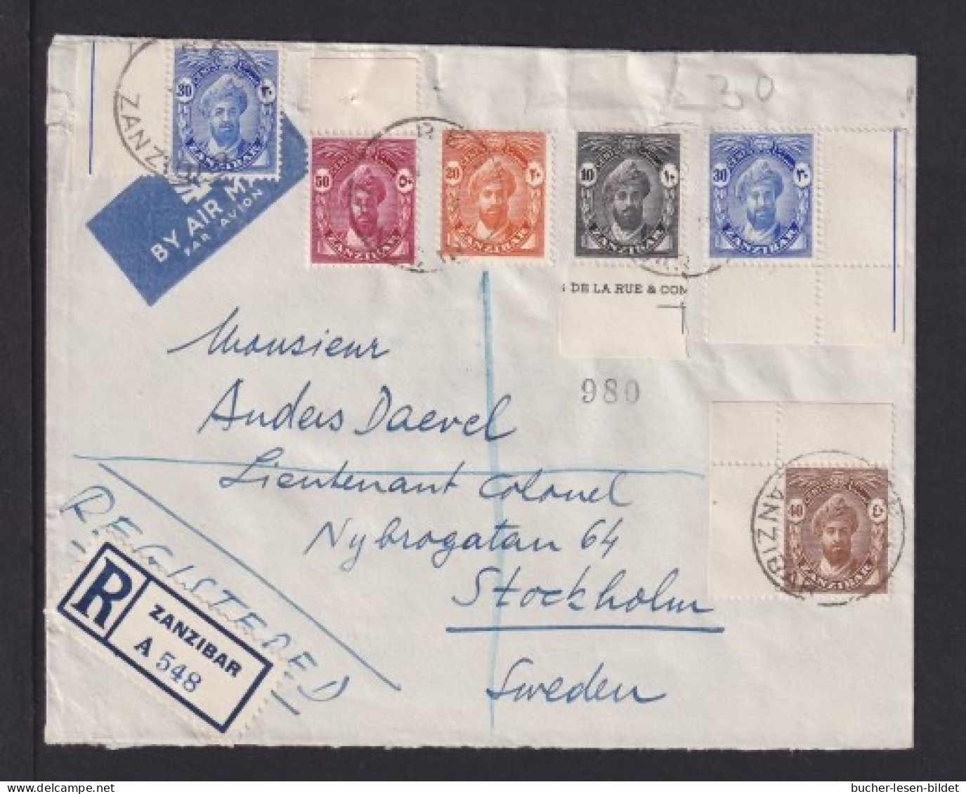 Mischfrankatur Mit Rand- Und Eckrandstücken Auf Einschreib-Flugpostbrief Nach Schweden - Zanzibar (...-1963)