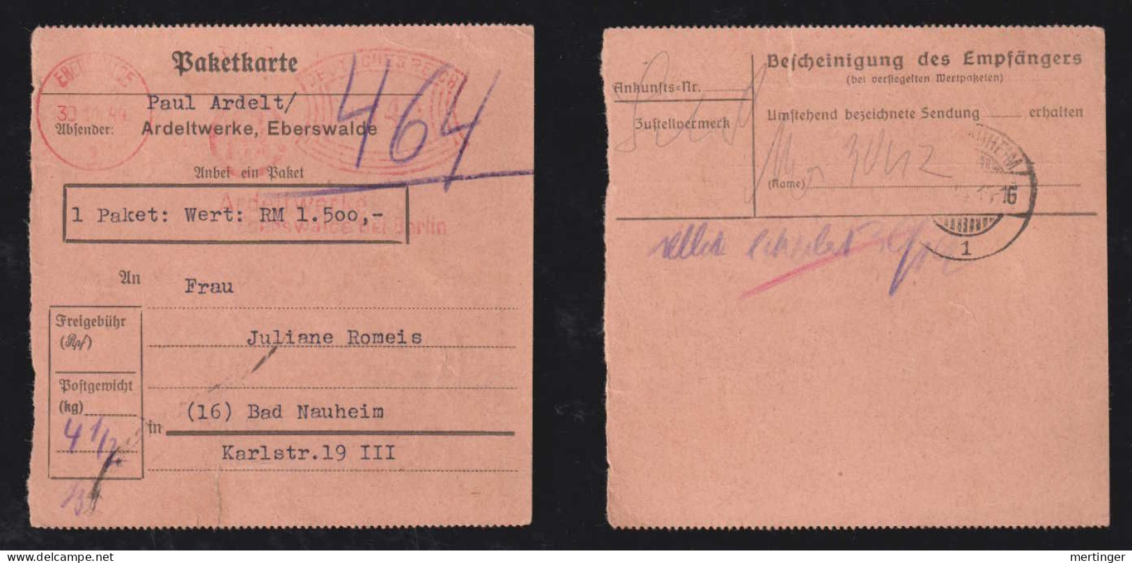 Deutsches Reich 1944 AFS 140Pf Meter Freistempler Wert Paketkarte EBERSWALDE X BAD NAUHEIM Ardelt Werke - Lettres & Documents