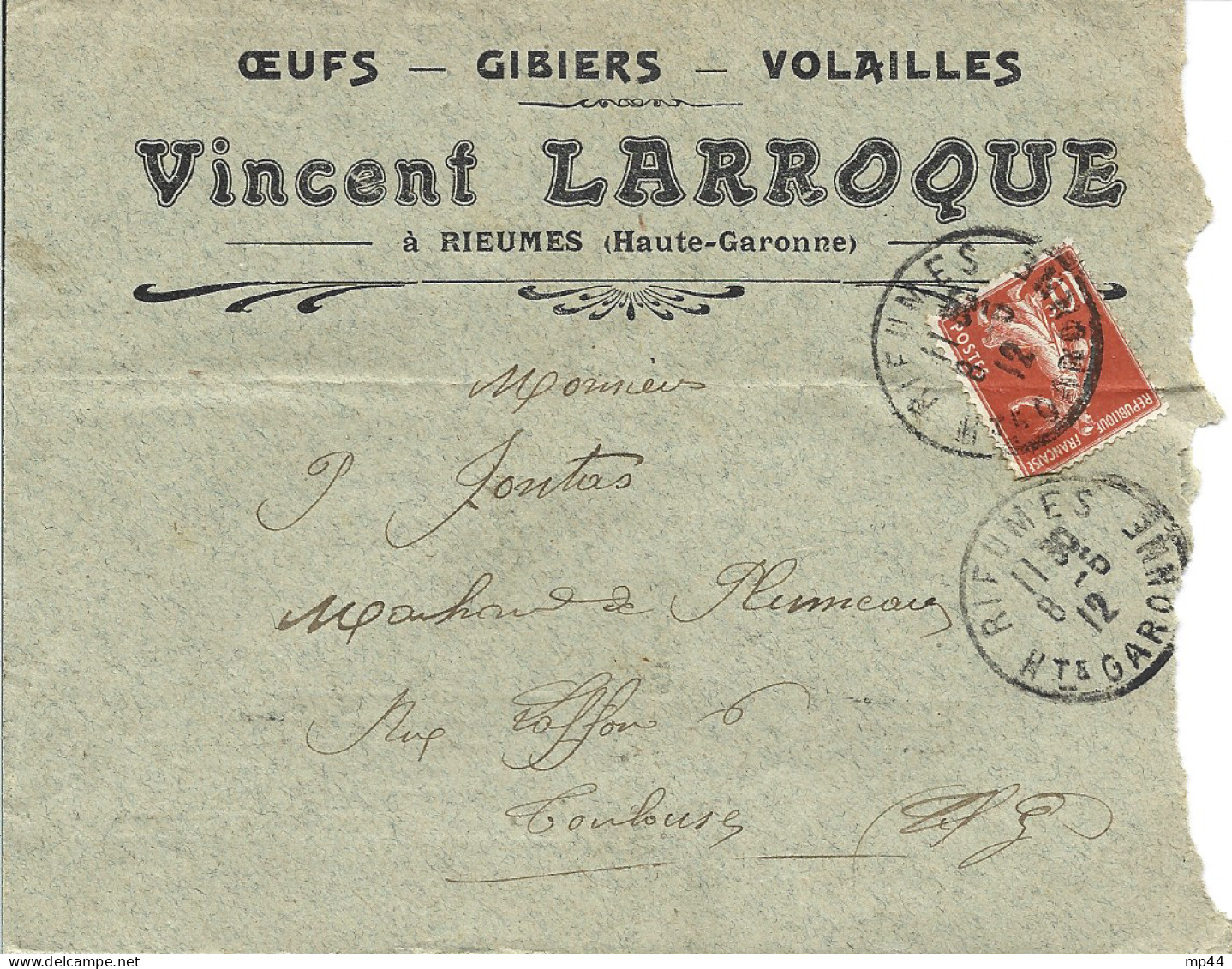 17 --- Lettre 31 RIEUMES En-tête Vincent Larroque Oeufs - Gibiers - Volailles 17 --- Lettre 31 RIEUMES En-tête Vincent - 1900 – 1949
