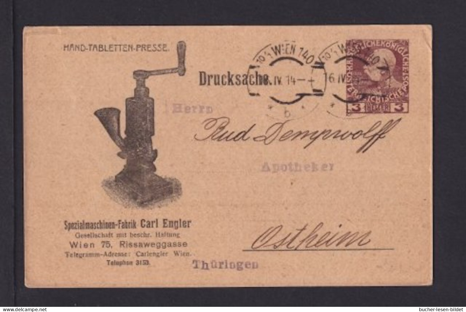 1914 - 3 P. Privat-Ganzsache "Hand-Tabletten Presse" - Ab Wien - Pharmacie